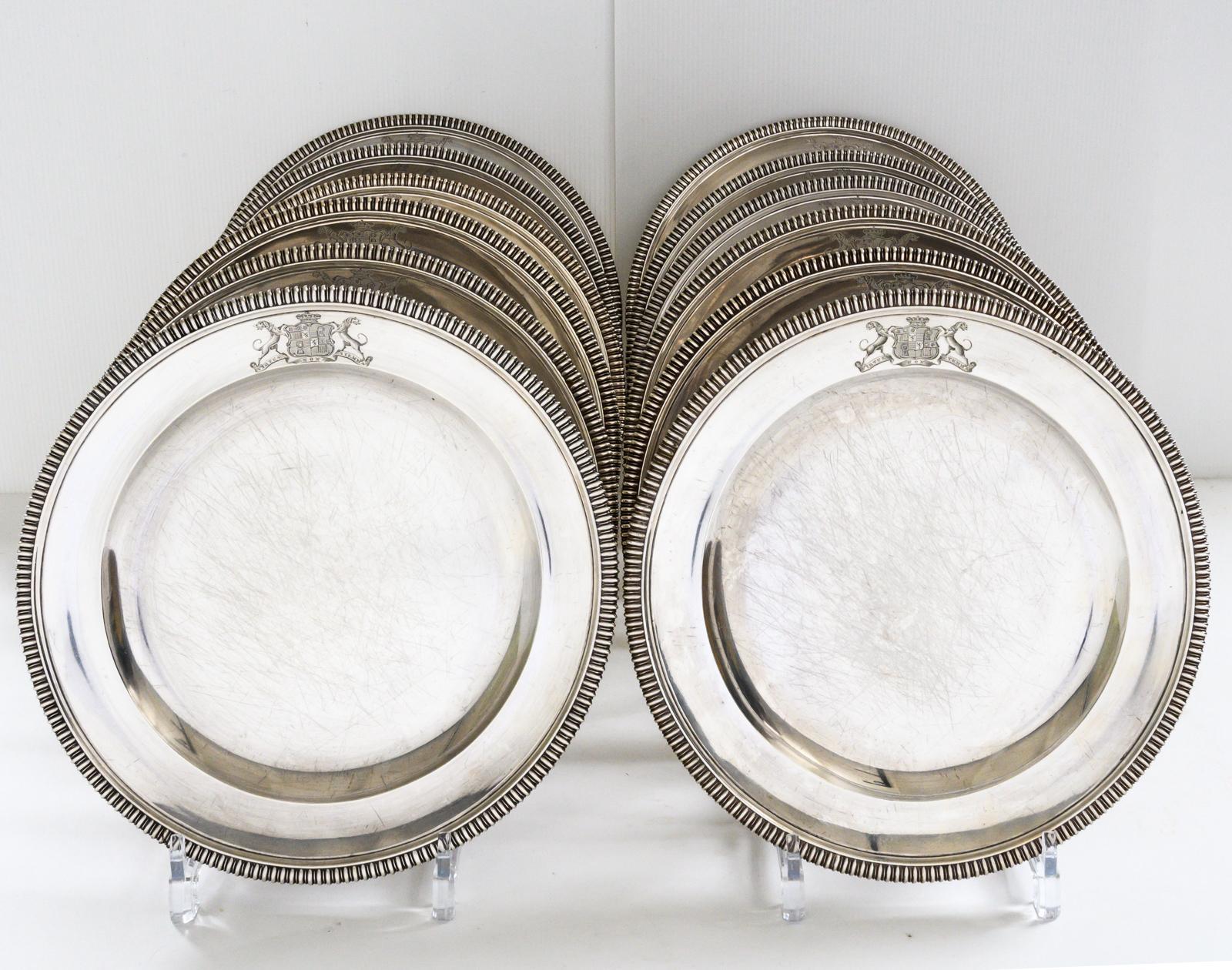 Set of twelve William IV sterling silver plates by Paul Storr. Each plate engraved with the crest of Robert GROSVENOR (1767-1845) 1st Marquess of Westminster, hallmarked with Paul Storr’s makers mark and date marks for London 1837 Provenance: Ex