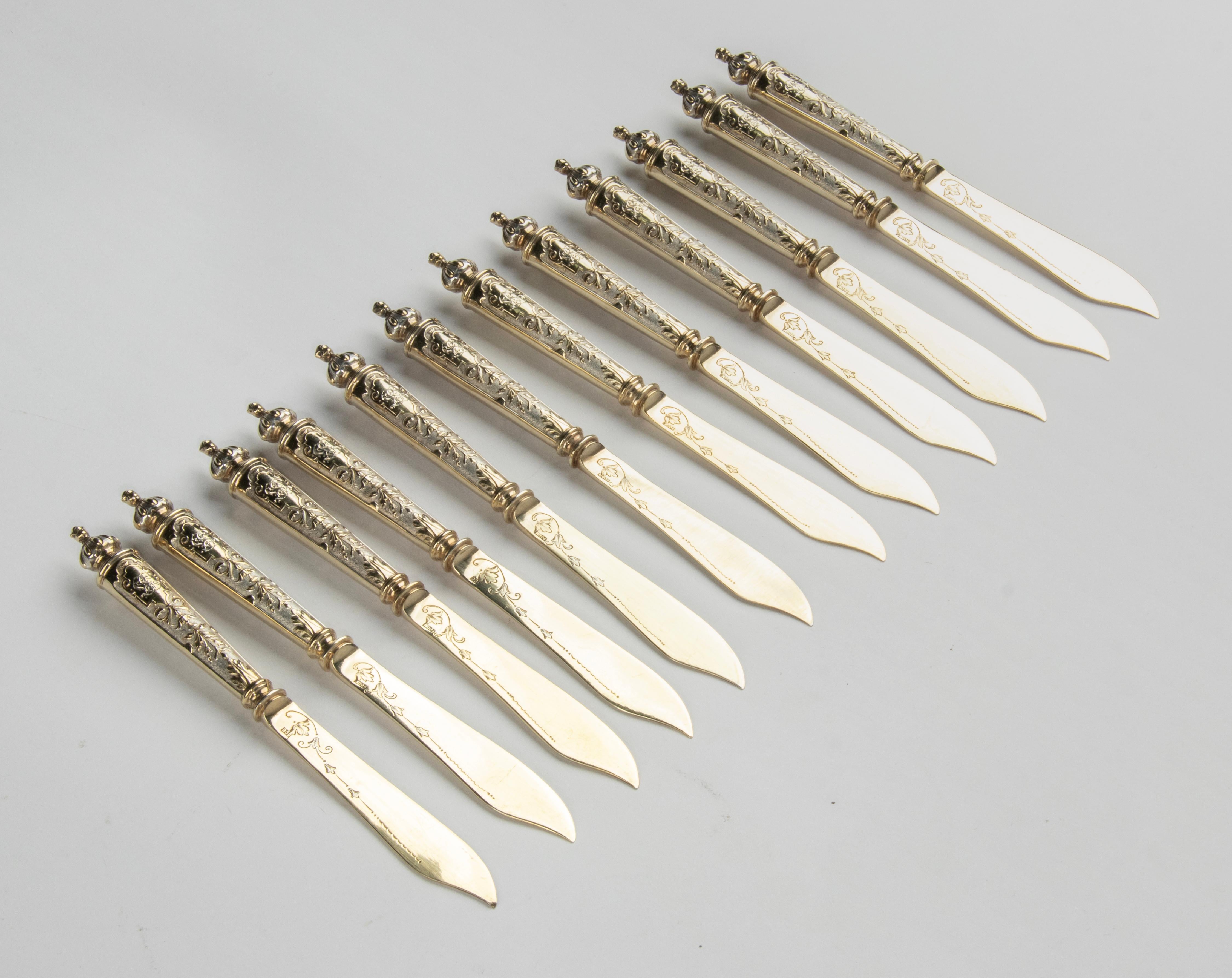 Set of 12 Silver Gilded Butter Knives Dated 1896 For Sale 7