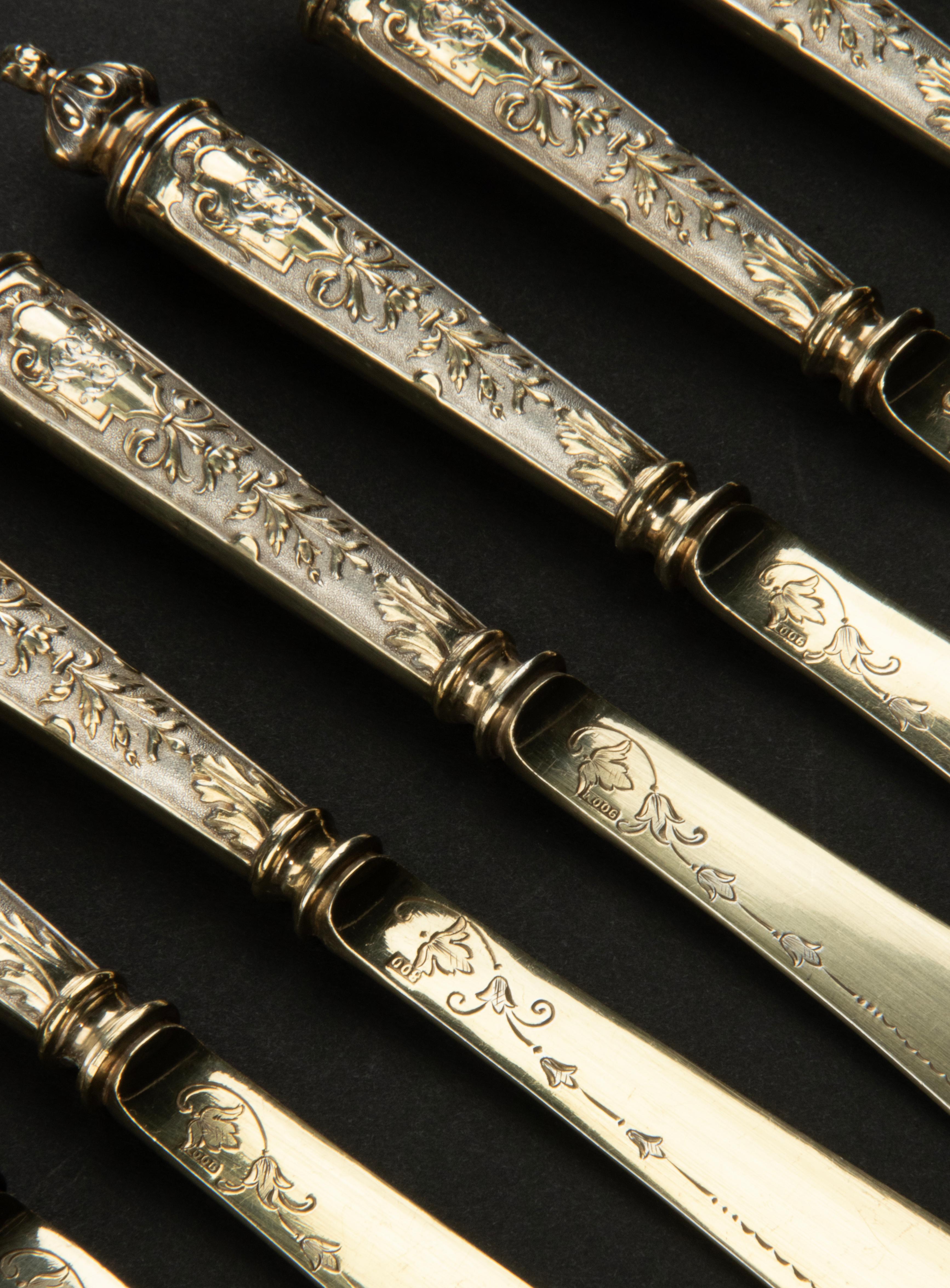 Set of 12 Silver Gilded Butter Knives Dated 1896 For Sale 9