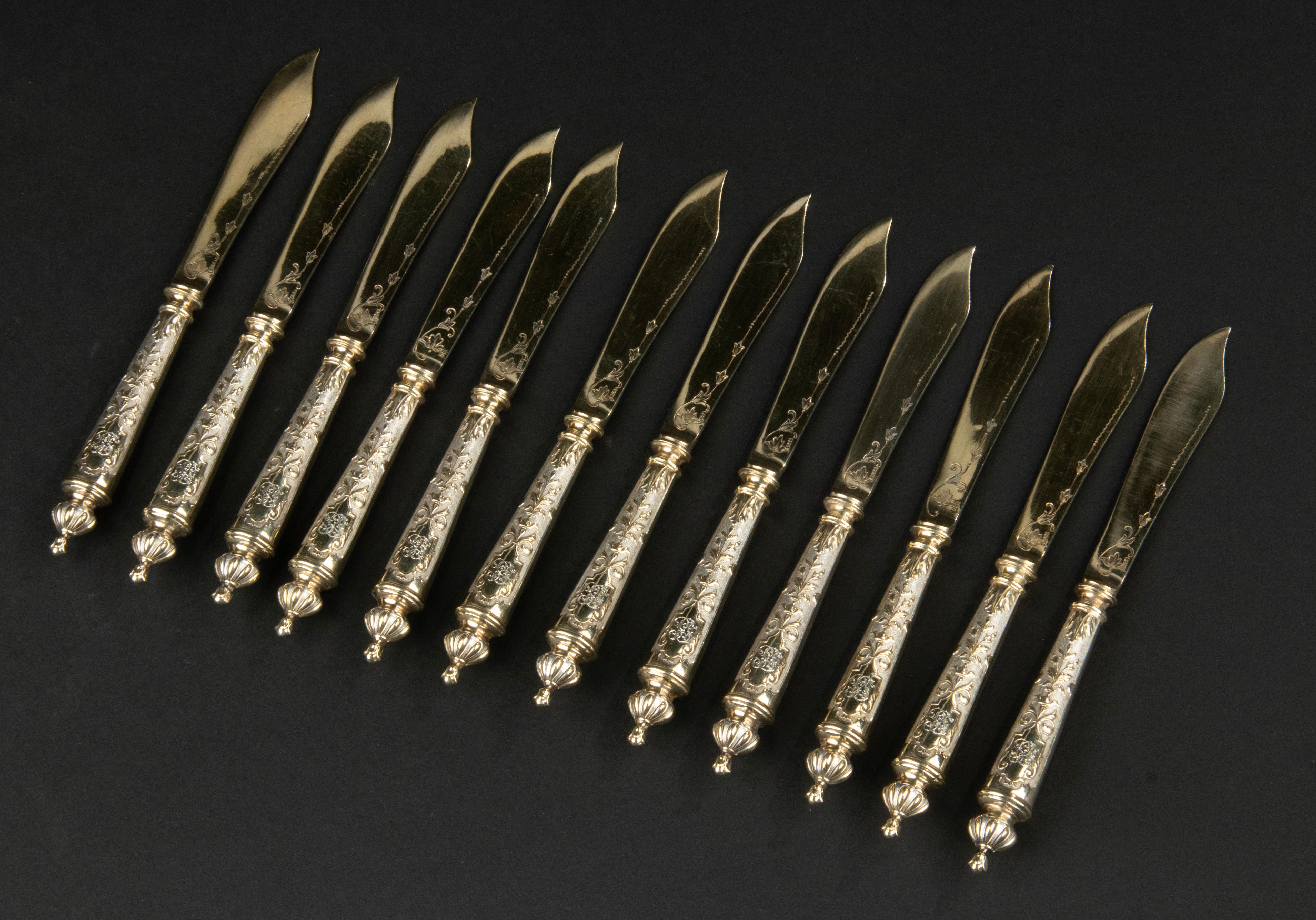 Belle Époque Set of 12 Silver Gilded Butter Knives Dated 1896 For Sale