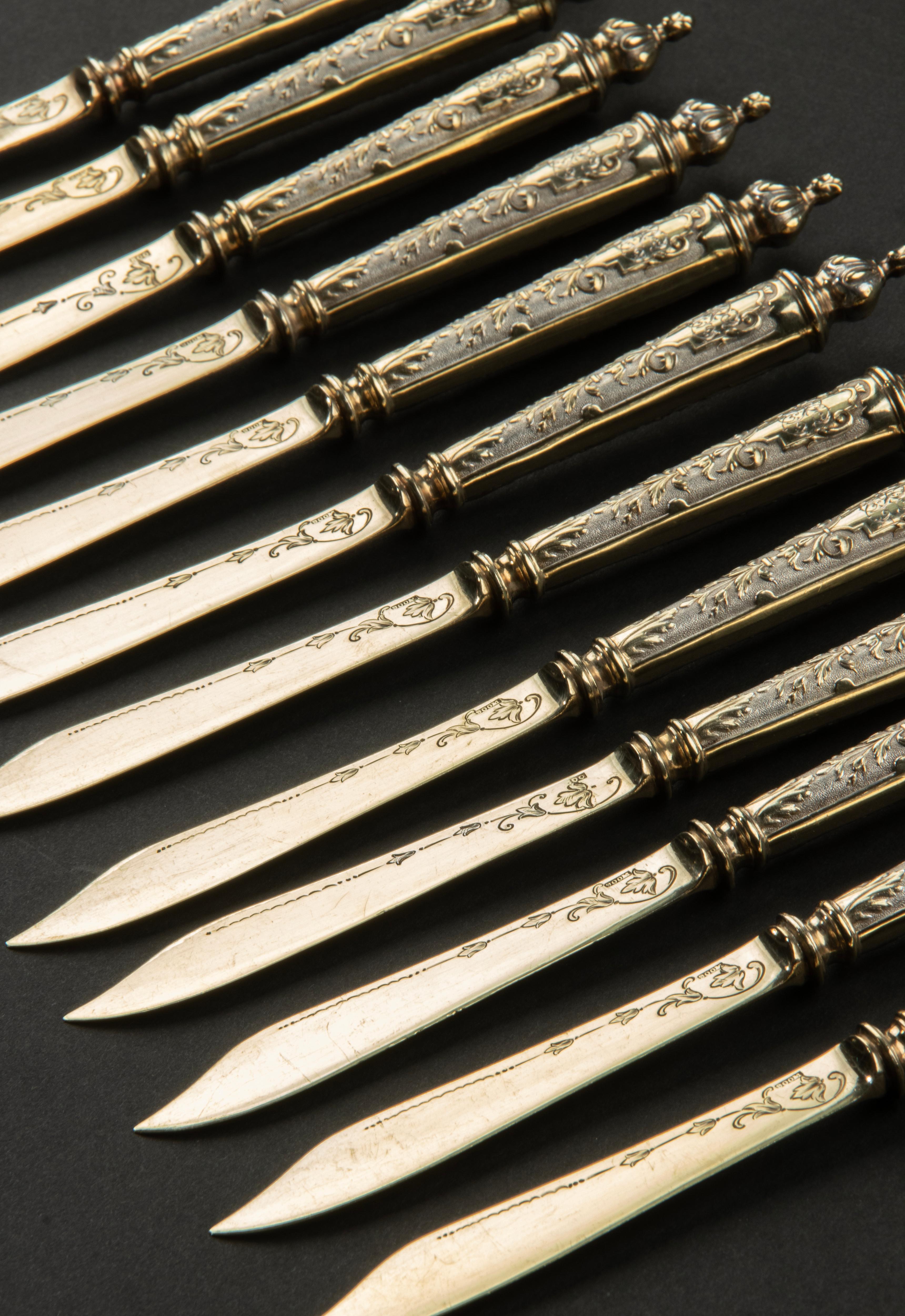 French Set of 12 Silver Gilded Butter Knives Dated 1896 For Sale
