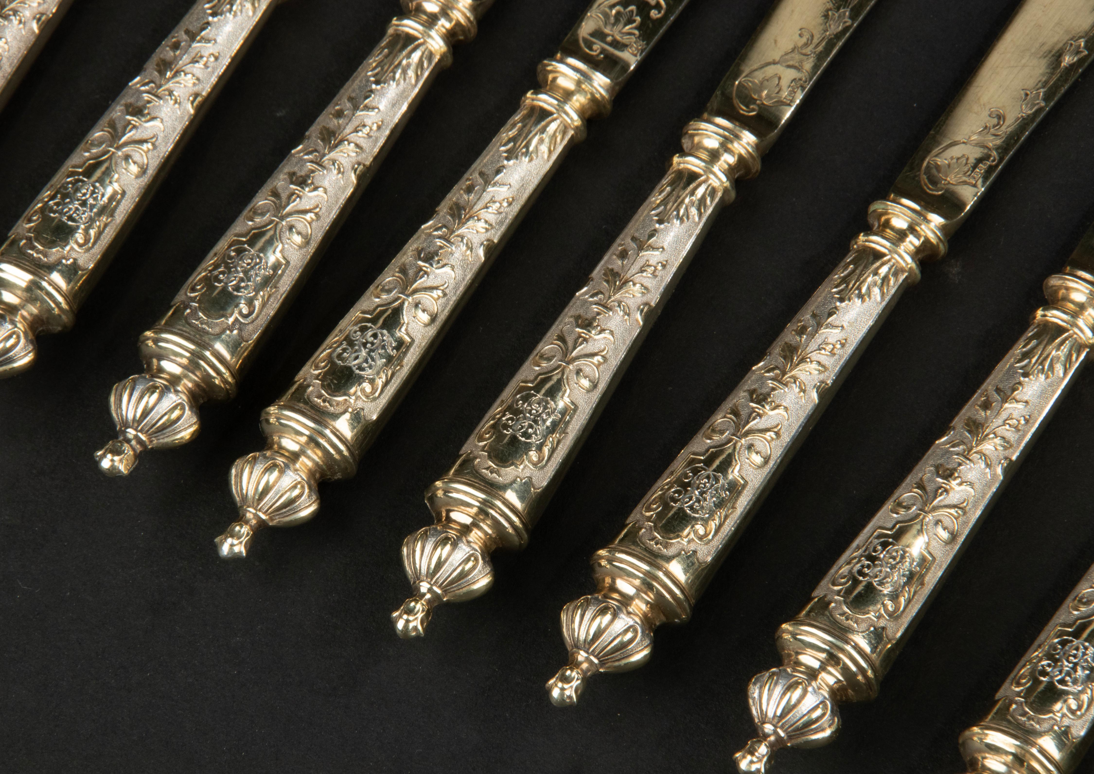 Gilt Set of 12 Silver Gilded Butter Knives Dated 1896 For Sale