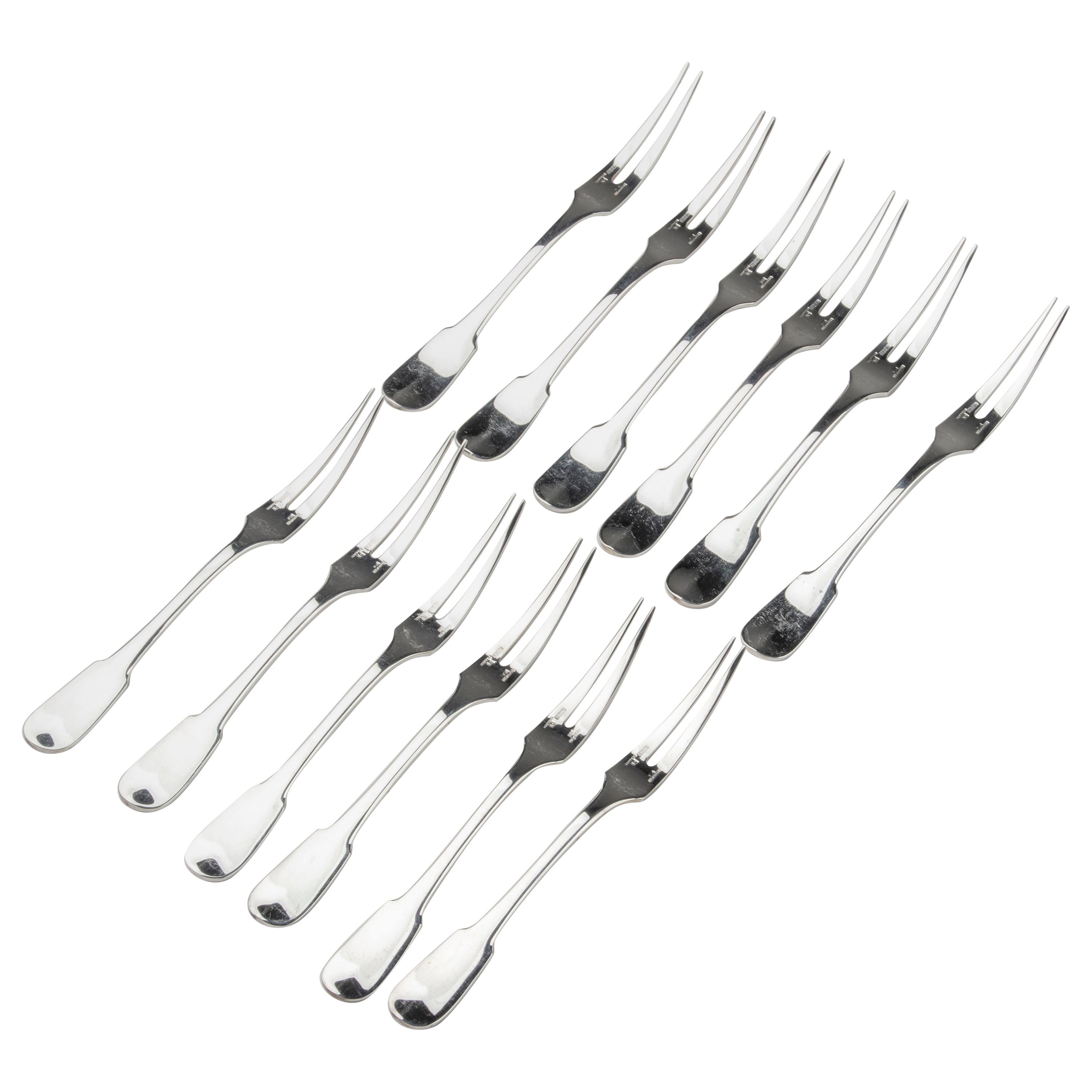 Ensemble de 12 fourchettes à fruits de mer en métal argenté fabriquées par Christofle Modèle Cluny