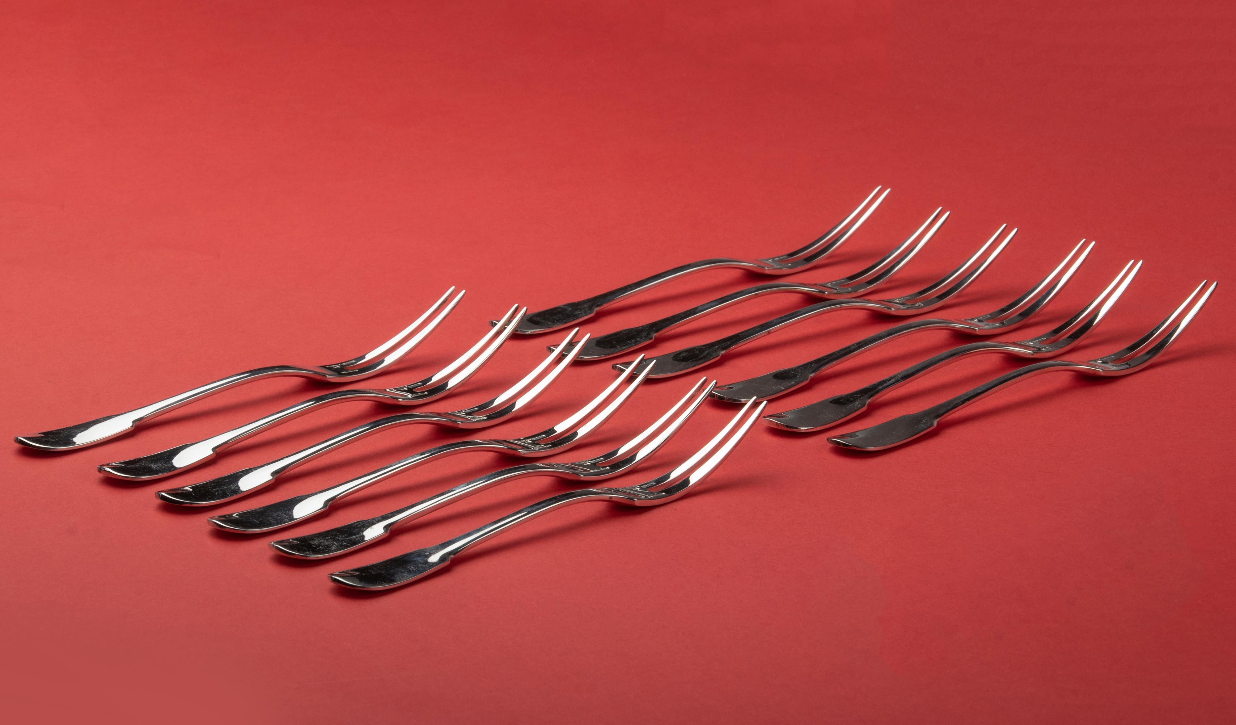 Set of 12 Silver Plated Seafood Forks Made by Christofle Model Cluny 1