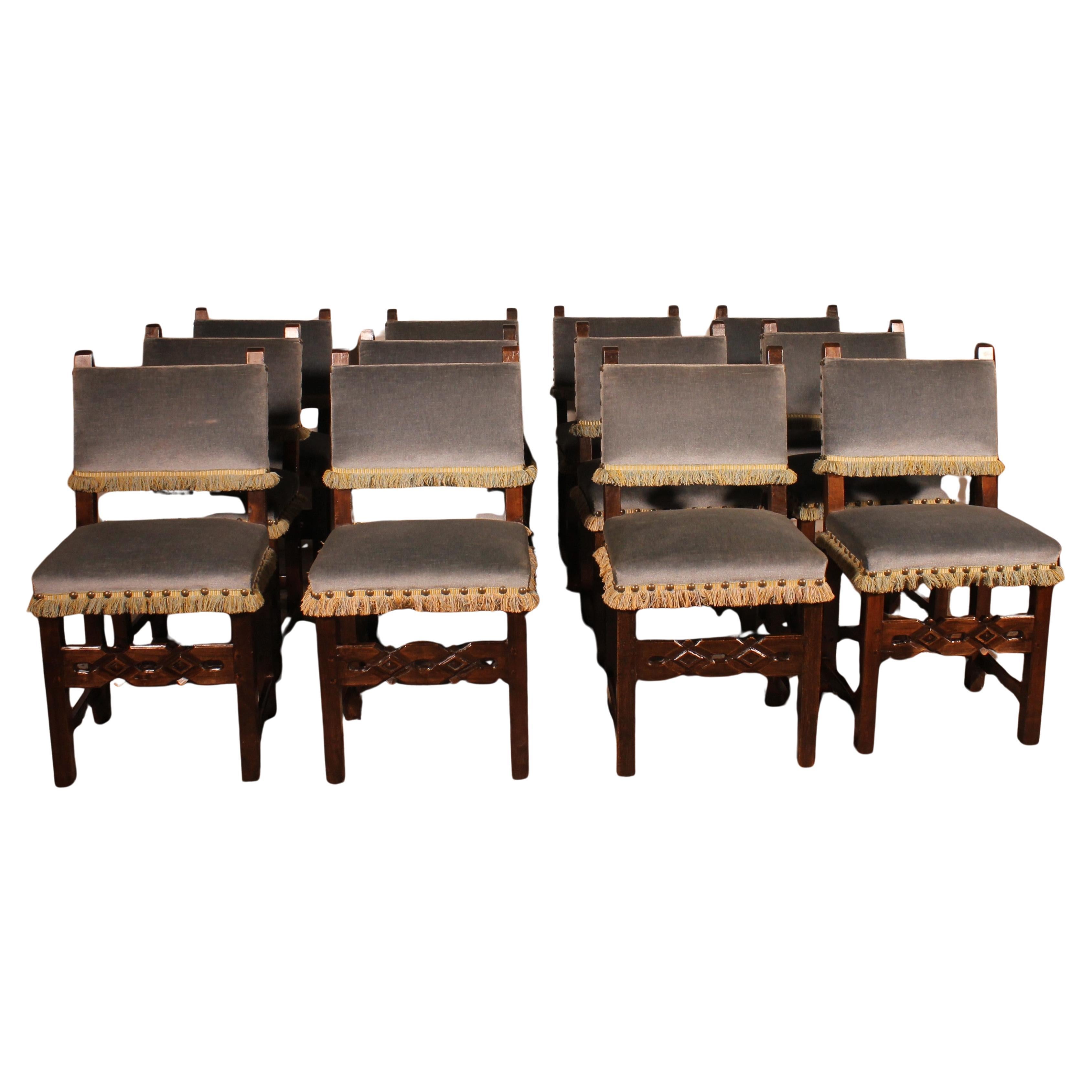 Set Of 12 Spanish Beechwood Chairs For Sale