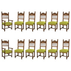 Ensemble de 12 chaises espagnoles Renaissance vertes tapissées