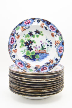 Set of 12 Spode Newstone Aesthetic Movement Japanese Garden Soup Bowls Ca. 1840