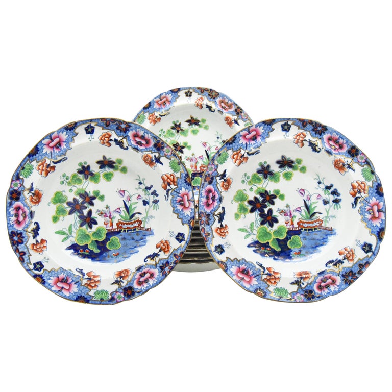 Set of 12 Spode Newstone Aesthetic Movement Japanese Garden Soup Bowls Ca. 1840 For Sale