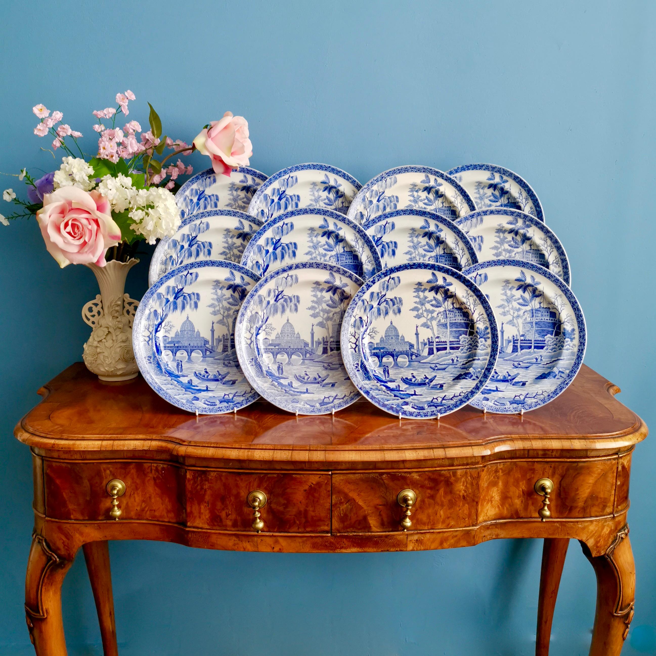This is a spectacular set of 12 plates made by Spode between 1811 and 1833. The plates are made of pearlware and, apart from the usual crazing, in immaculate condition. They are decorated with a superbly executed blue and white 