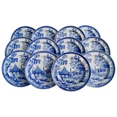 Satz von 12 Spode Perlengeschirr:: blau und weiß "Tiber":: Regency 1811-1833