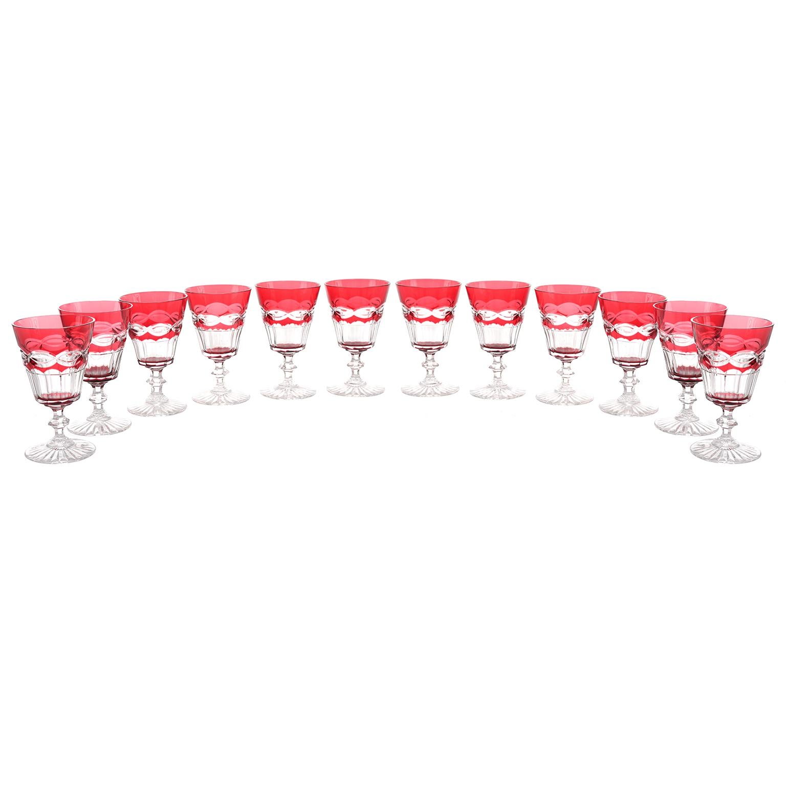French Set of 12 St. Louis Cranberry Hock Glasses
