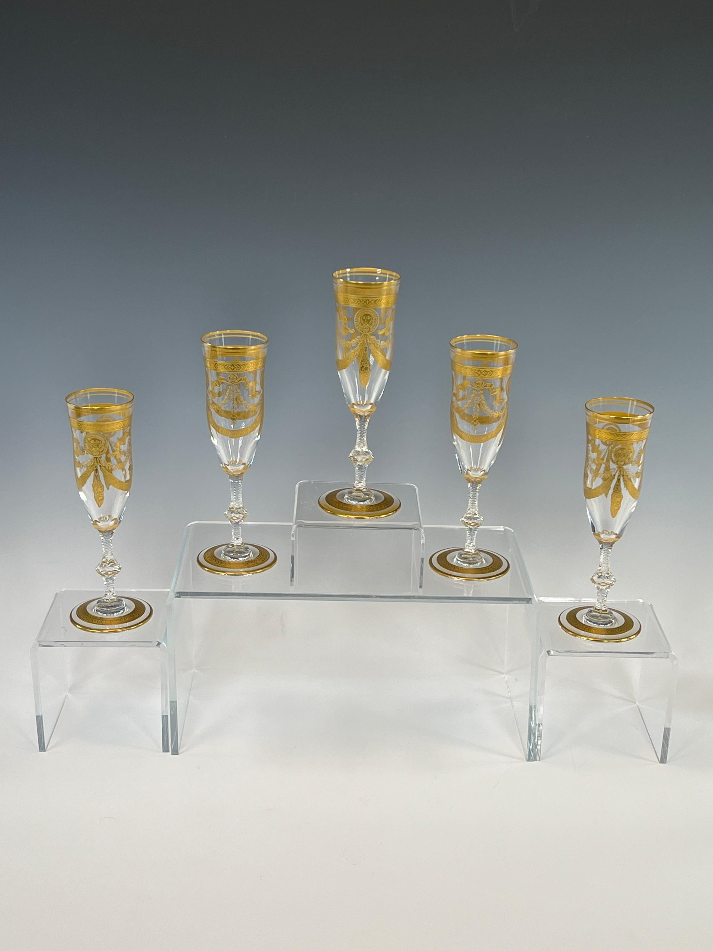 Set of 12 St Louis Crystal Handblown Gilt Champagne Flutes Congress Pattern In Excellent Condition In Great Barrington, MA
