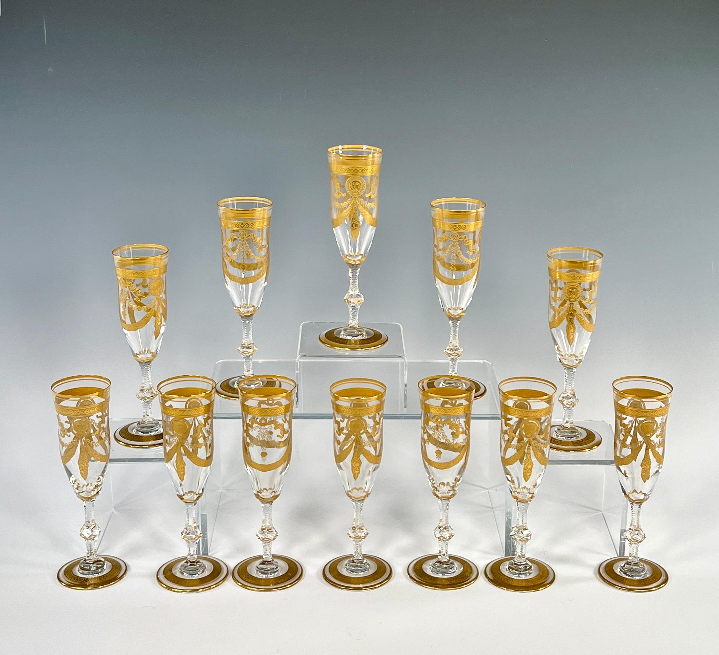 Early 20th Century Set of 12 St Louis Crystal Handblown Gilt Champagne Flutes Congress Pattern