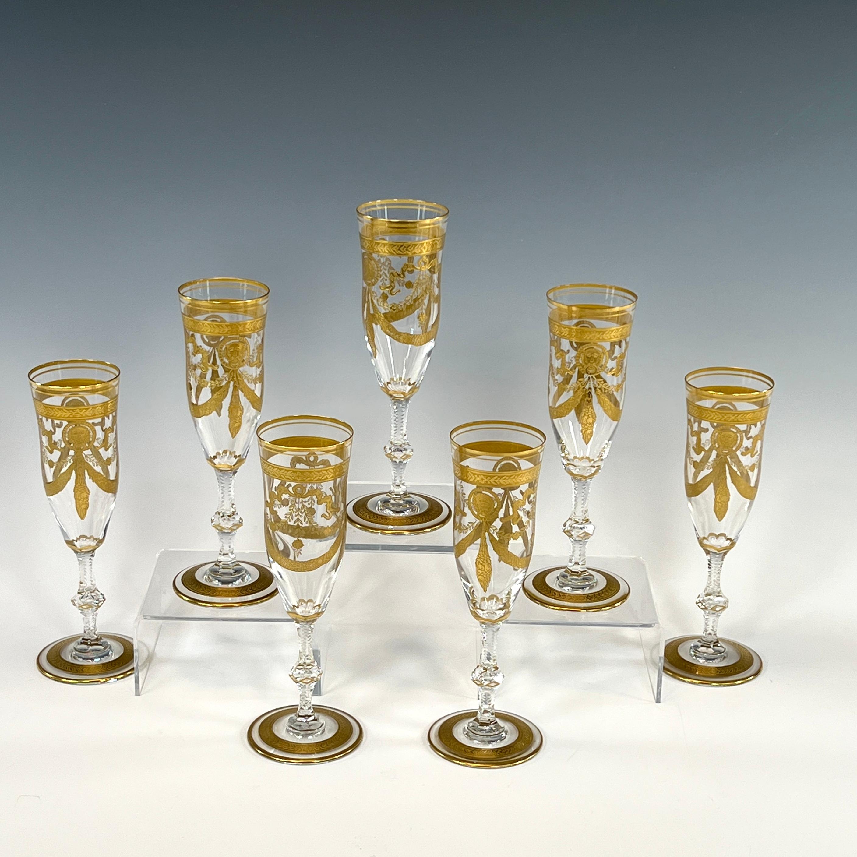 Set of 12 St Louis Crystal Handblown Gilt Champagne Flutes Congress Pattern 2