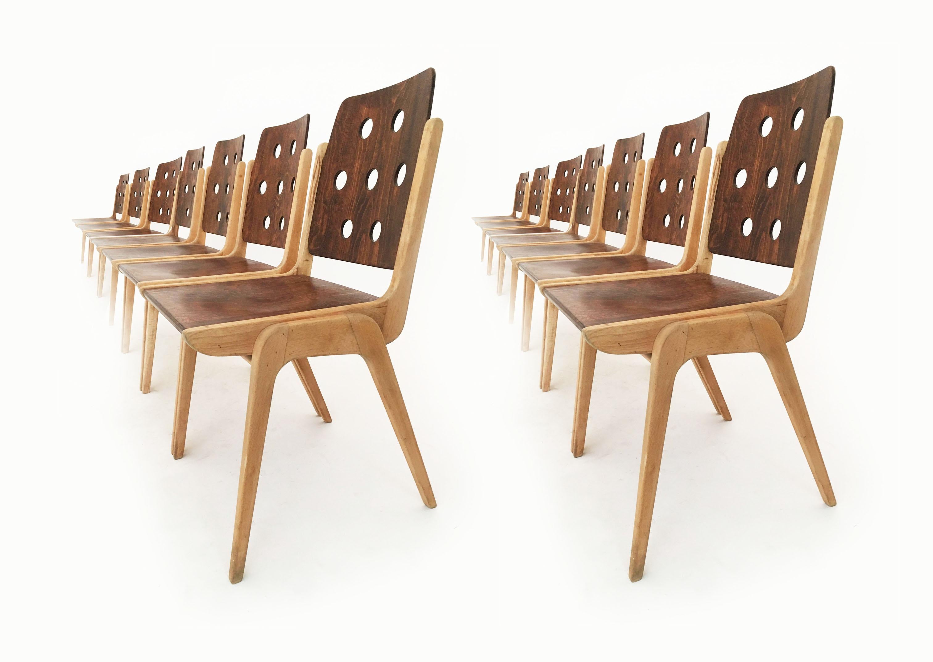 Set of 12 Stacking Dining Chairs Franz Schuster, Duo-Colored, Austria, 1950s For Sale 6