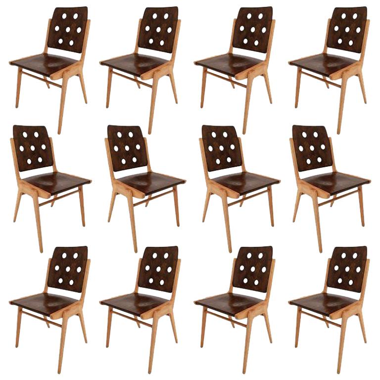 Set of 12 Stacking Dining Chairs Franz Schuster, Duo-Colored, Austria, 1950s For Sale