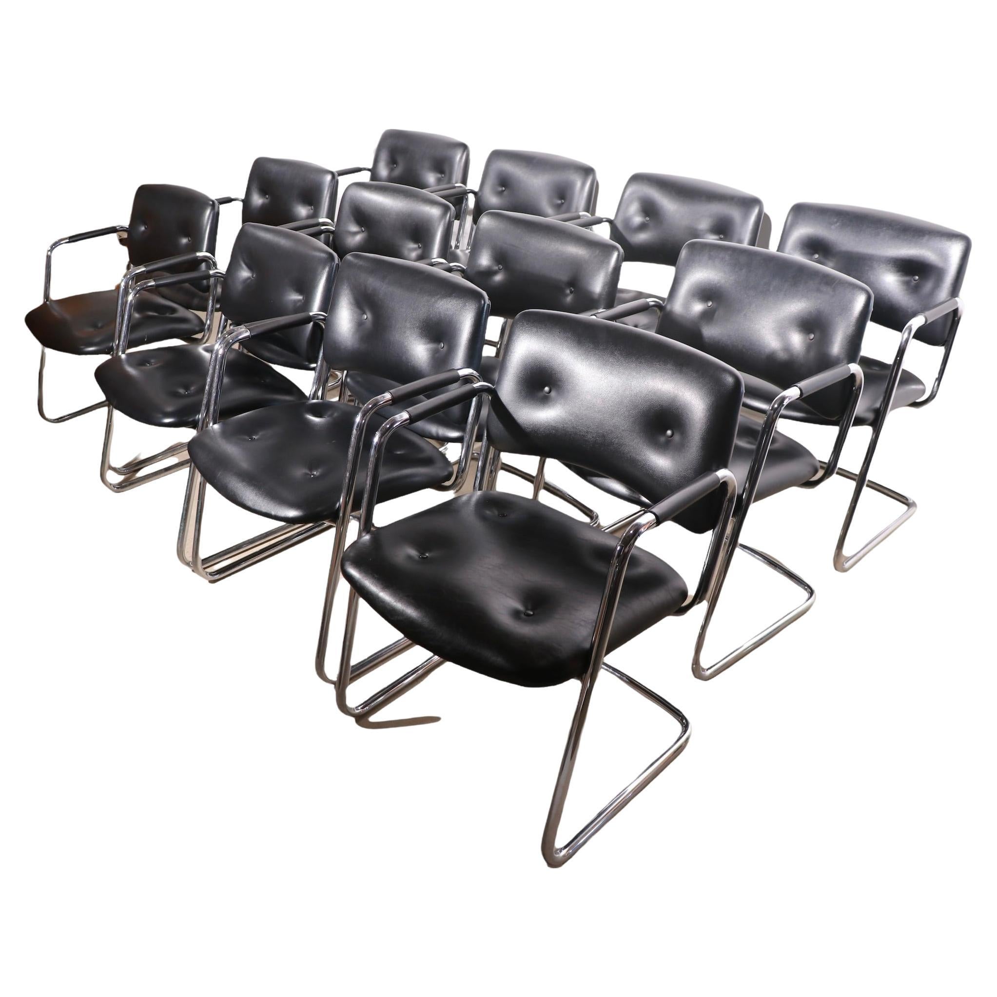Set of 12 Steelcase Chrome and Black Cantilevered Armchairs Model 421-482 For Sale