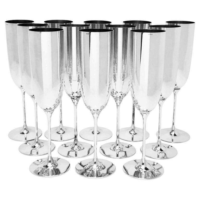 Set of 12 Sterling Silver Champagne Flutes Germany English Import Marks 1999