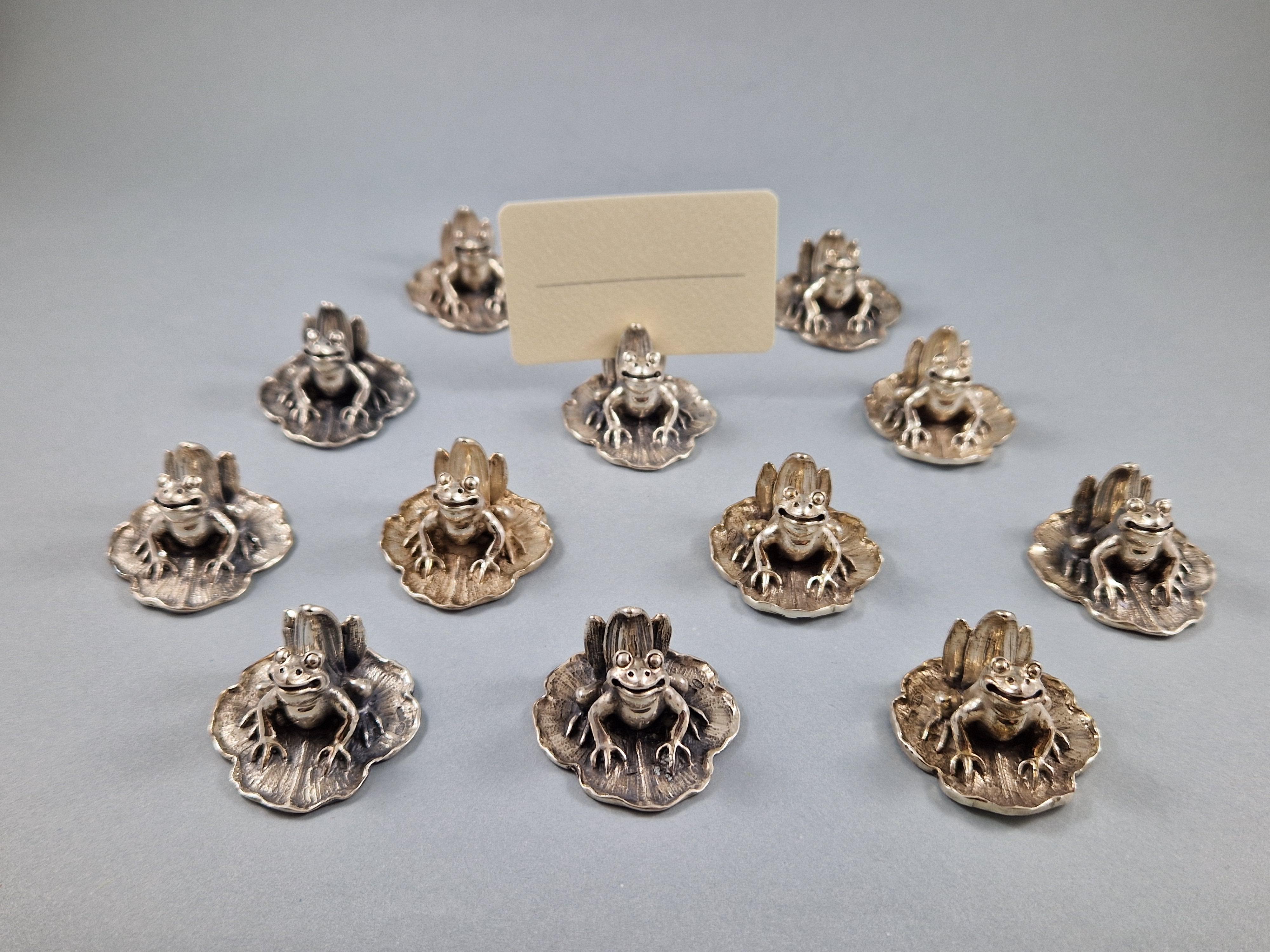 Late 20th Century Set of 12 Sterling Silver Frog Place Card Holders