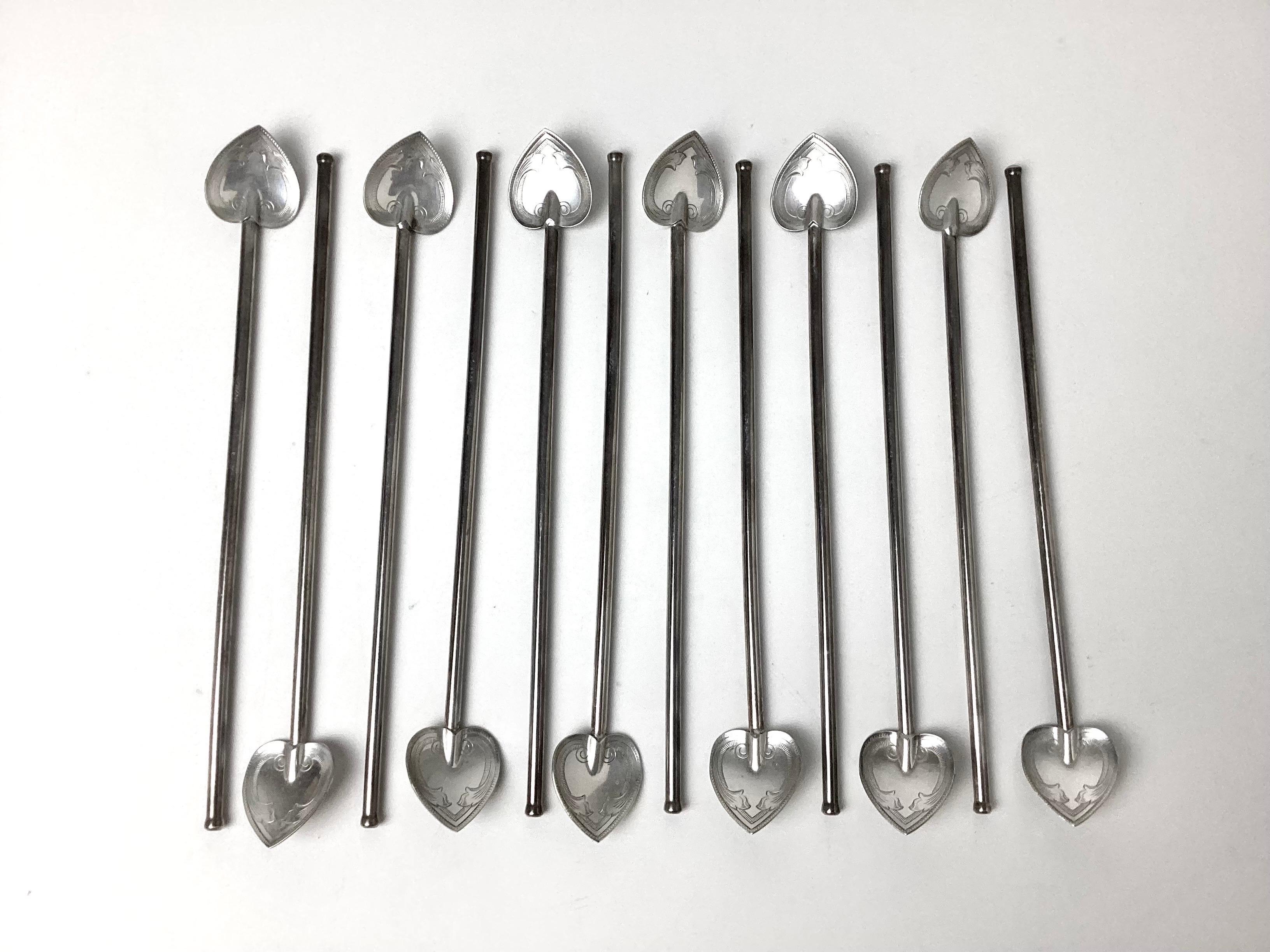 Set of 12 sterling silver mint julep iced tea straws spoons with etched heart bowls. Marked sterling on back side of bowl.