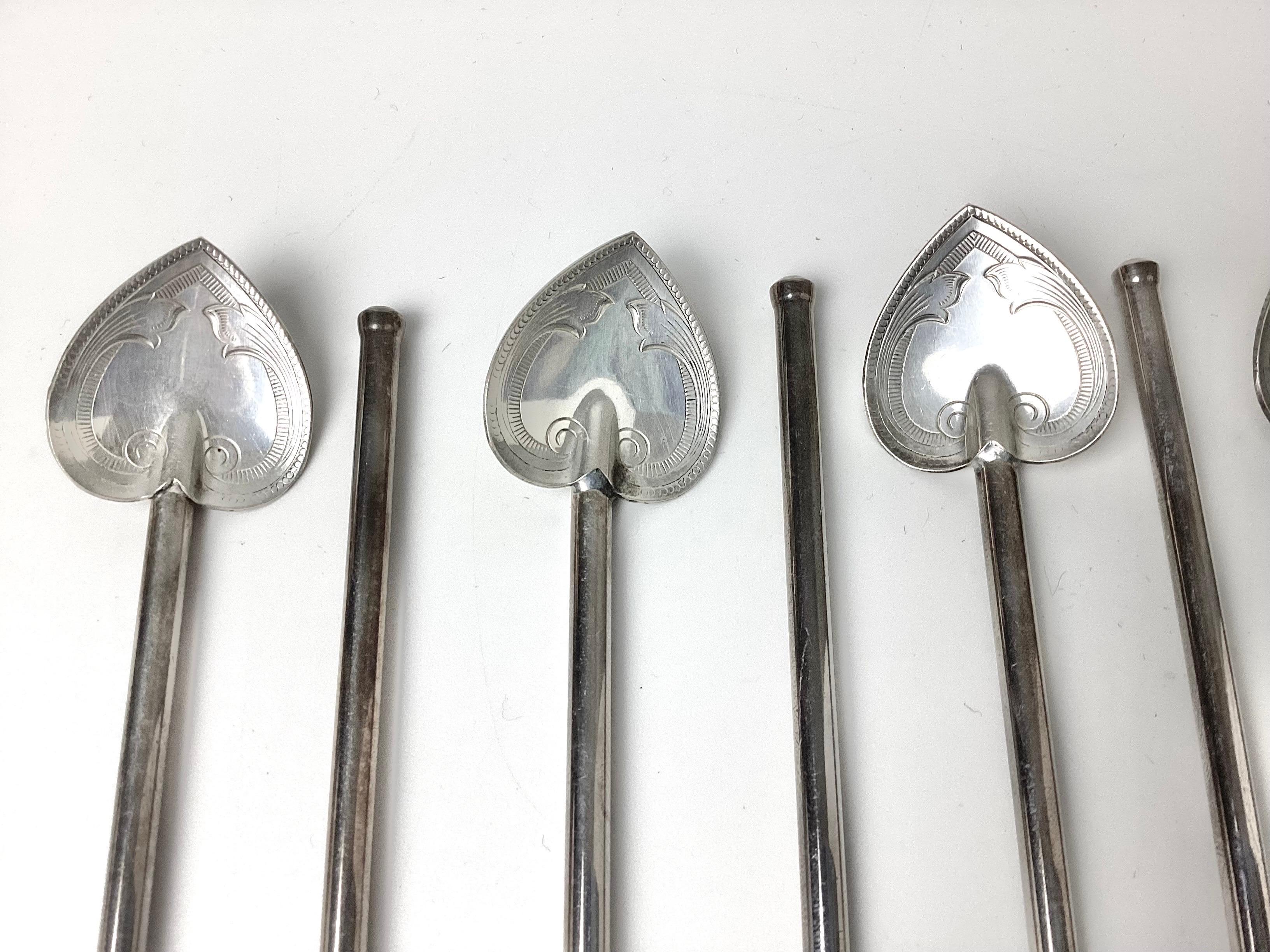 Unknown Set of 12 Sterling Silver Mint Julep Iced Tea Straws Spoons with Heart Bowls