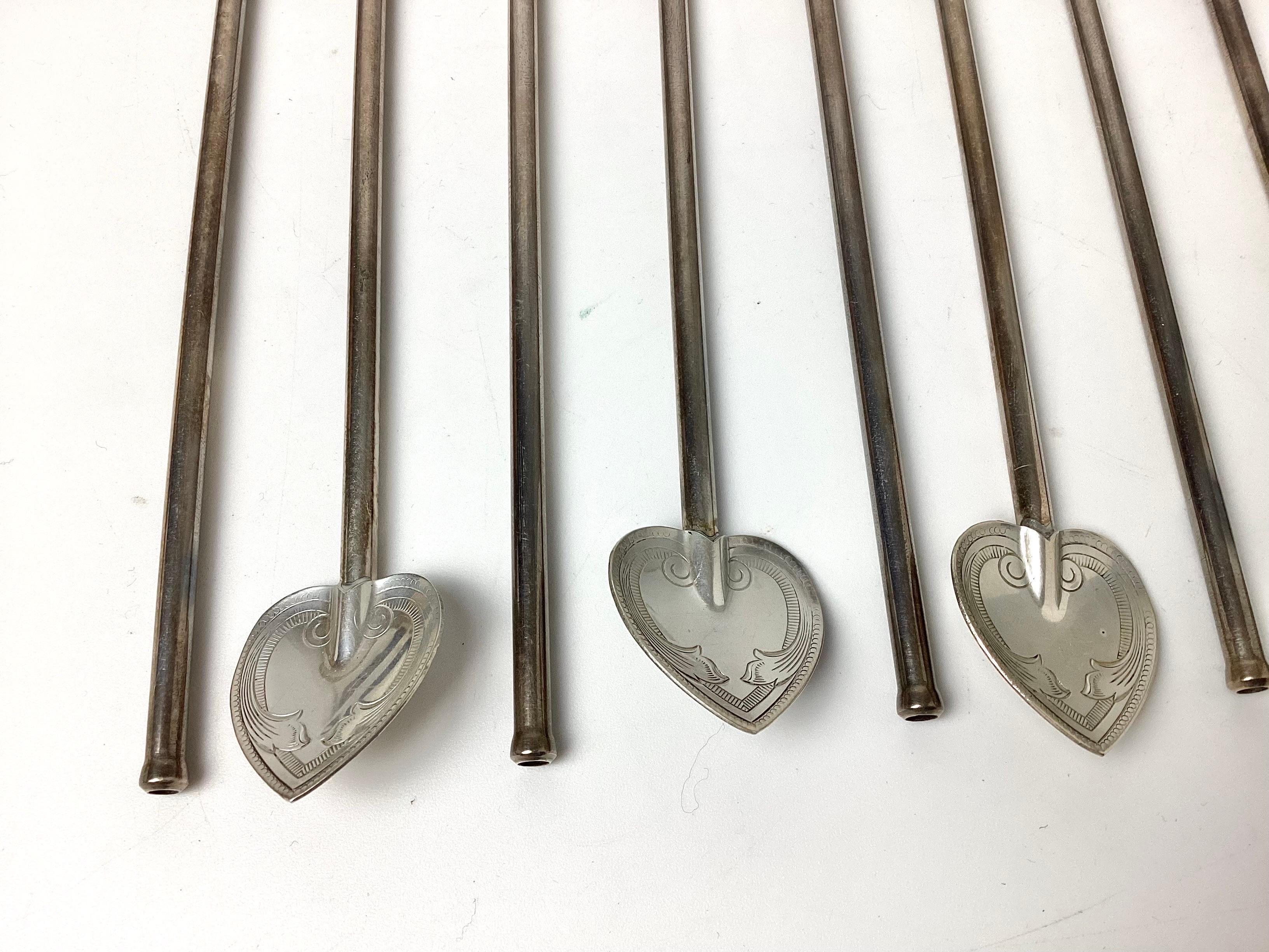 Set of 12 Sterling Silver Mint Julep Iced Tea Straws Spoons with Heart Bowls In Excellent Condition In Lambertville, NJ