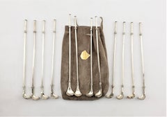 Set von 12 Sterling Silber Taxco Mexico Cocktail Sipping oder Stroh Löffel & Pouch
