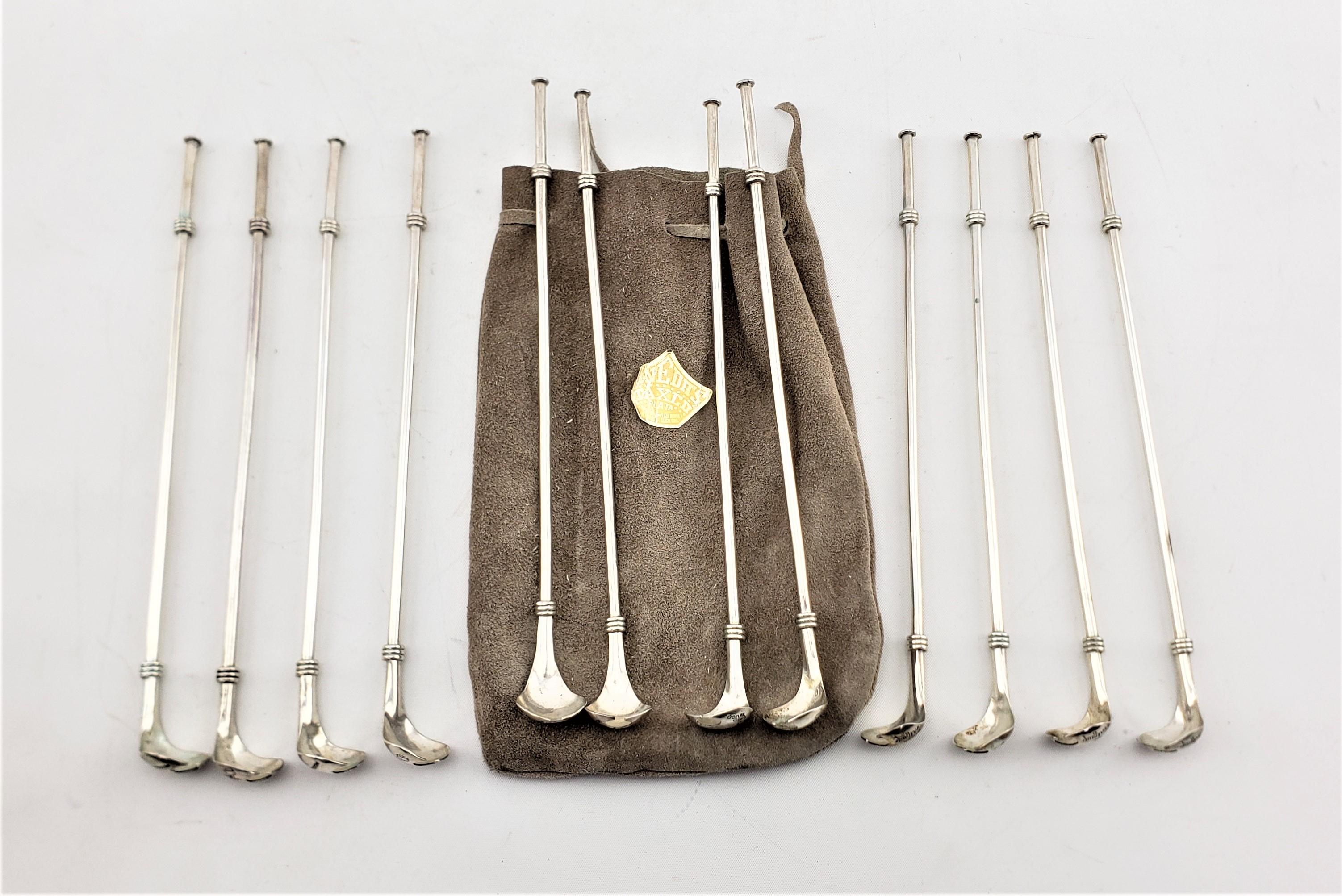 Mid-Century Modern Set of 12 Sterling Silver Taxco Mexico Cocktail Sipping or Straw Spoons & Pouch