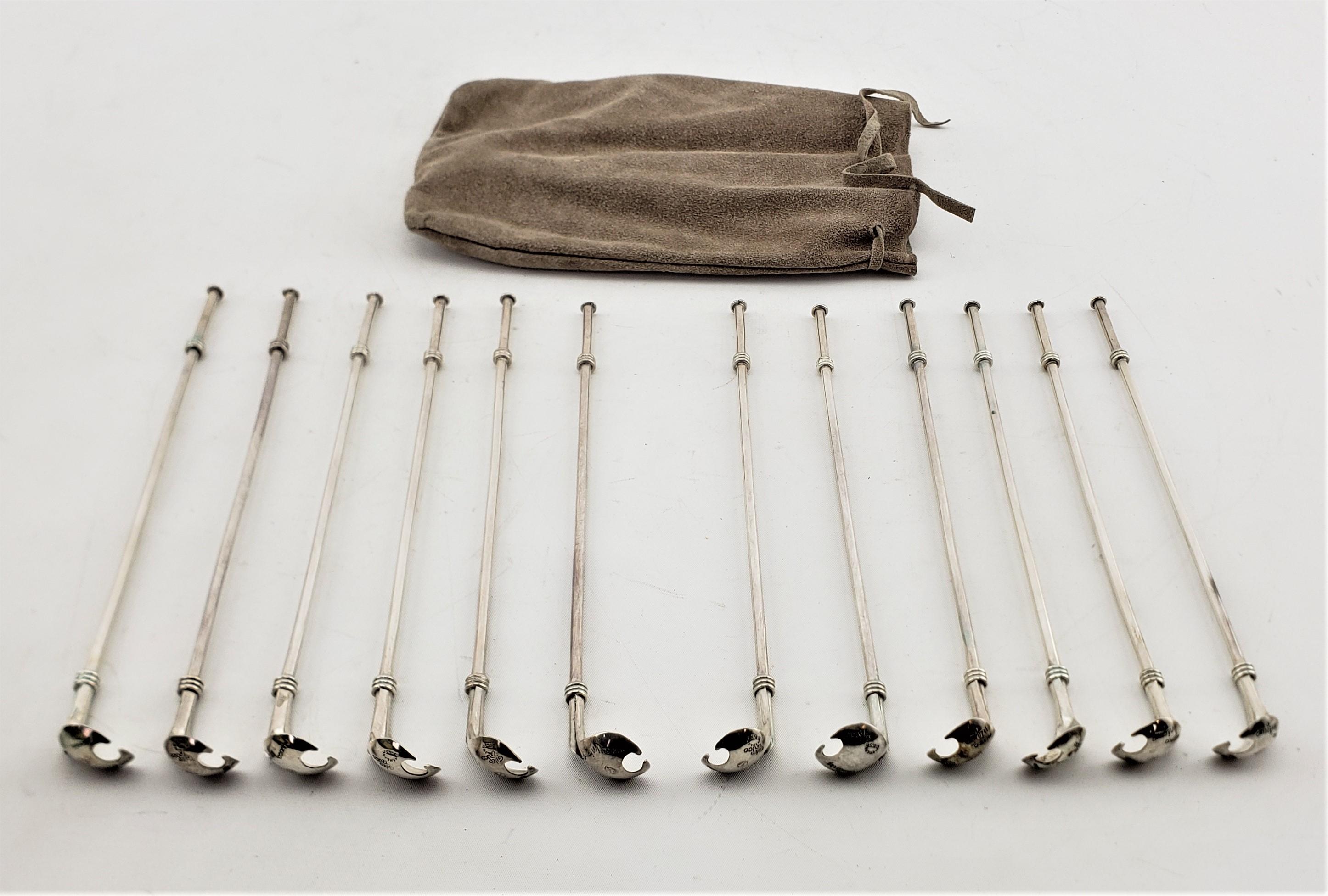 20th Century Set of 12 Sterling Silver Taxco Mexico Cocktail Sipping or Straw Spoons & Pouch