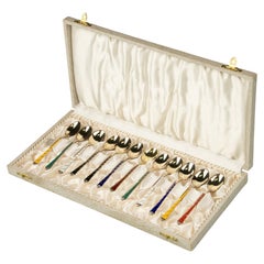Set of 12 Sterling Silver Tea Spoons - Enameled - ELA Denmark - Egon Lauridsen