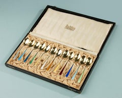 Set of 12 Sterling Silver Teaspoons - Guilloché Enamel - Multicolored