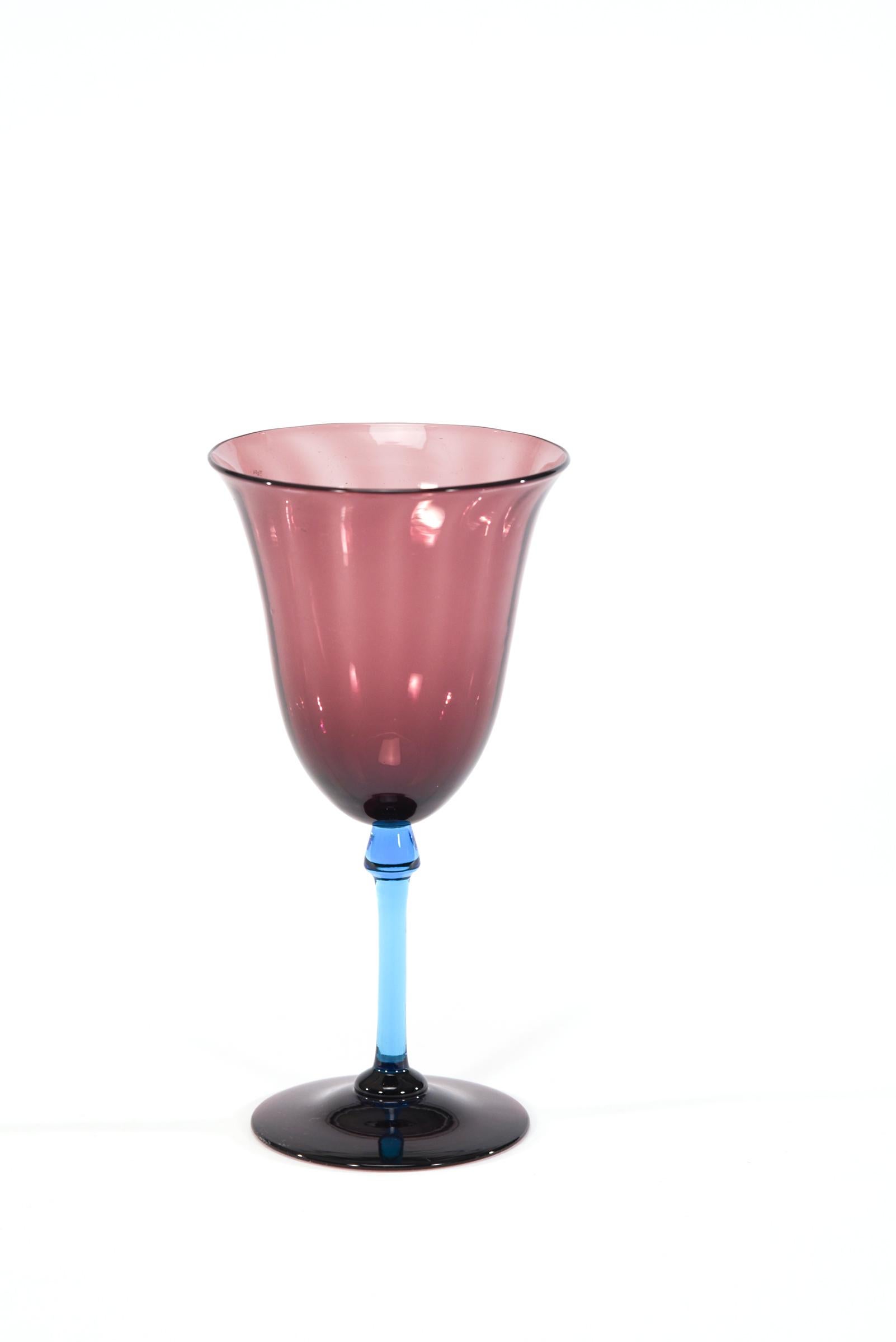 Set of 12 Steuben Hand Blown Amethyst Optic Rib Goblets with Celeste Blue Stem In Excellent Condition In Great Barrington, MA