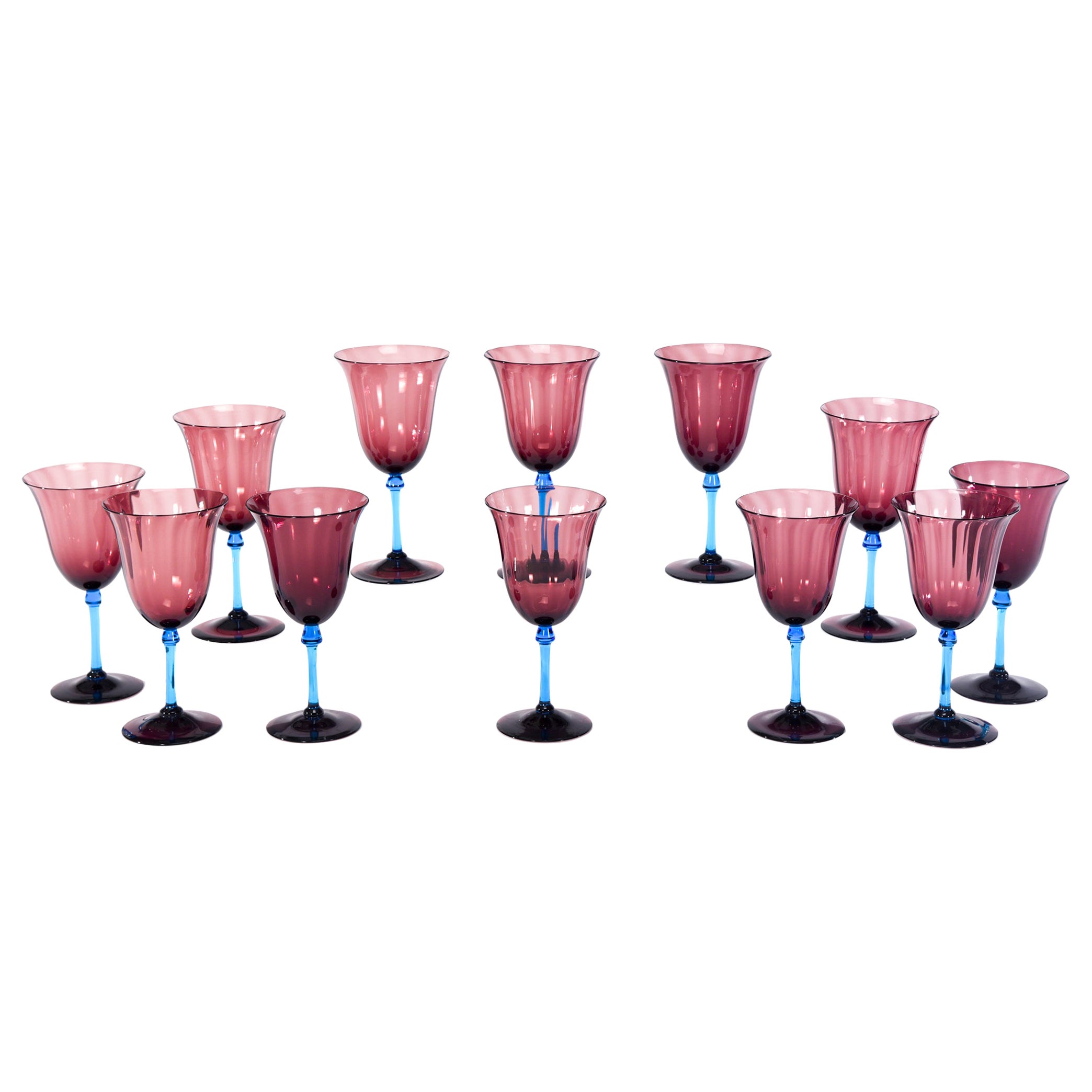 Set of 12 Steuben Hand Blown Amethyst Optic Rib Goblets with Celeste Blue Stem