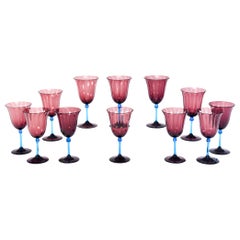 Set of 12 Steuben Hand Blown Amethyst Optic Rib Goblets with Celeste Blue Stem