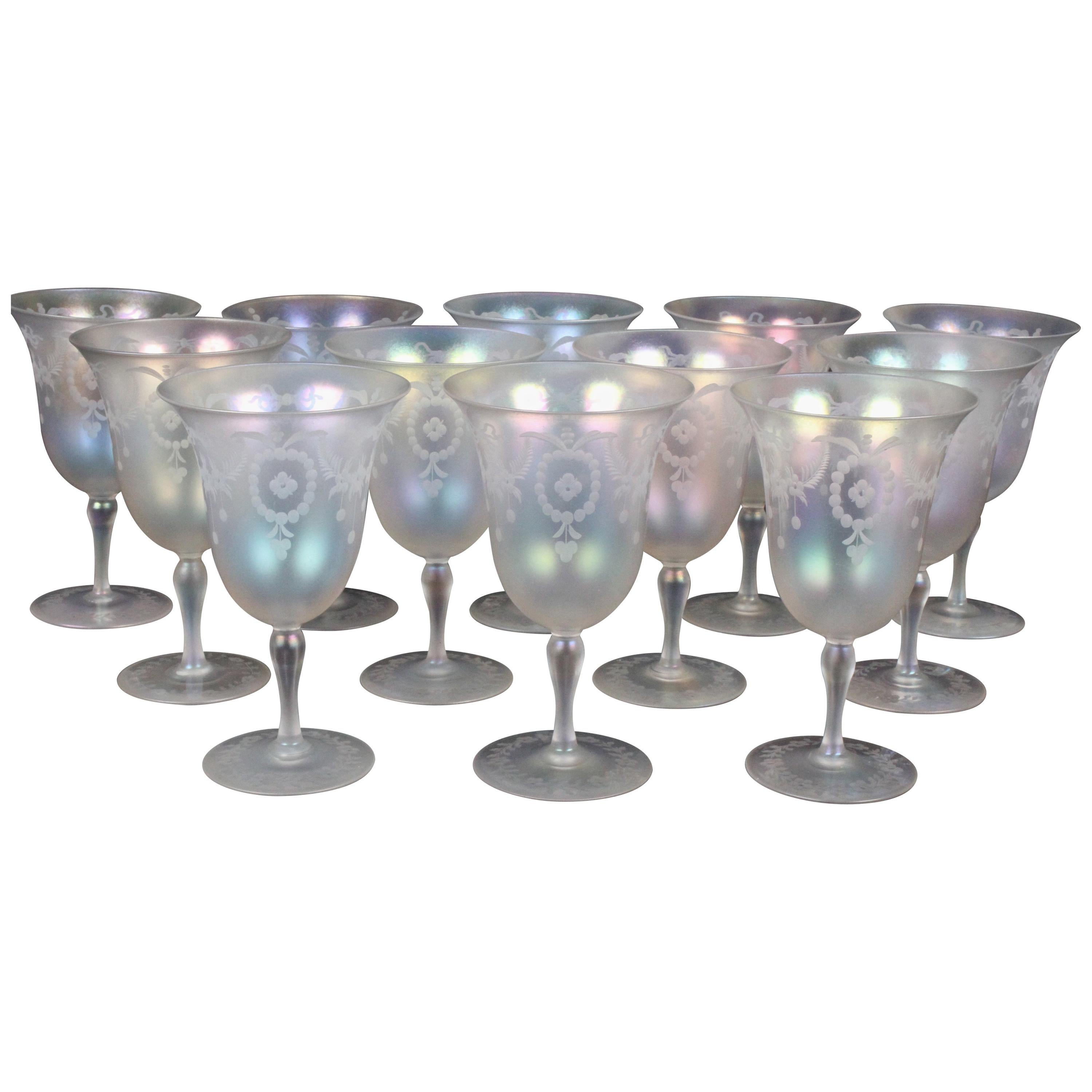 Set of 12 Steuben Verre de Soie Water Goblets with Pitcher For Sale