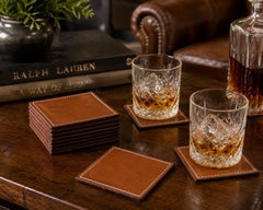Set of 12 Stitched Saddle Leather Drink Coasters in the Style of Ralph Lauren