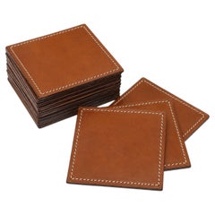 Set of 12 Stitched Saddle Leather Drink Coasters in the Style of Ralph Lauren