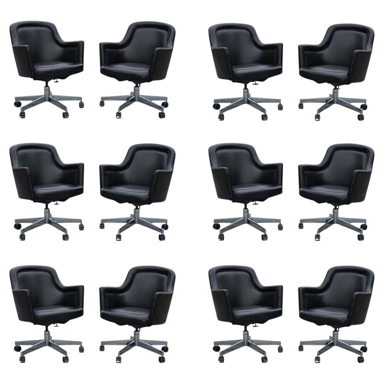 Set of 12 Stow Davis Black Leather and Chrome Rolling Swivel Desk