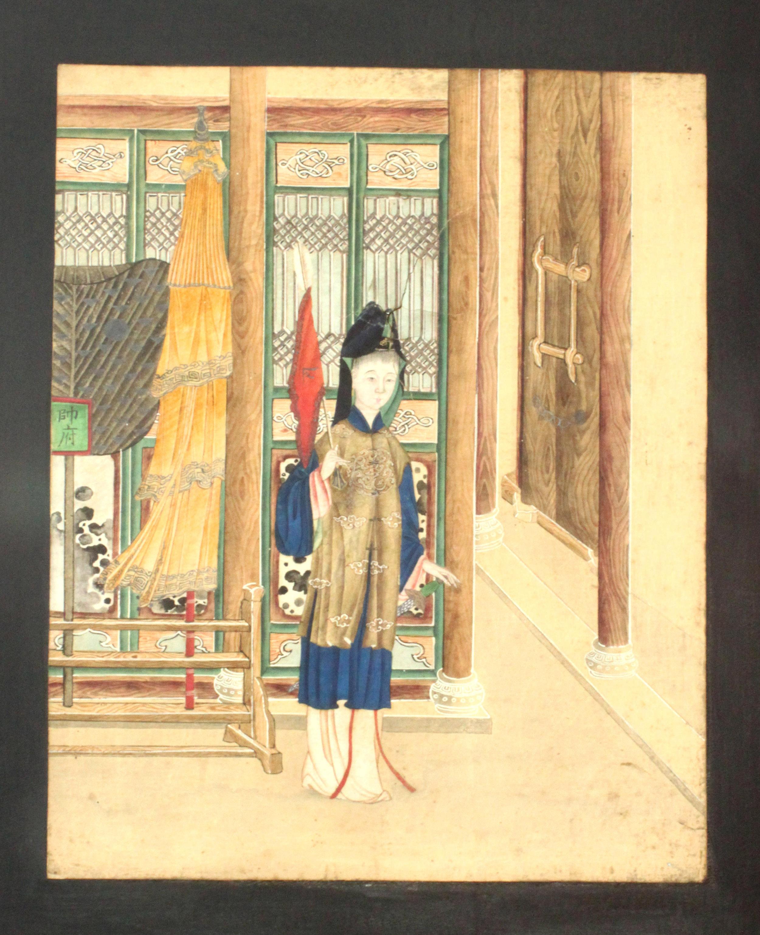 The watercolors, circa 1810
The screen later

A four-panel folding screen, each panel covered in vellum with three early nineteenth century Chinese watercolor panels mounted on black surrounds with pale green narrow borders.
The group of 12