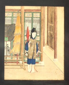 Set of 12 Substantial Chinese Watercolors Mounted on a Four-Fold Screen