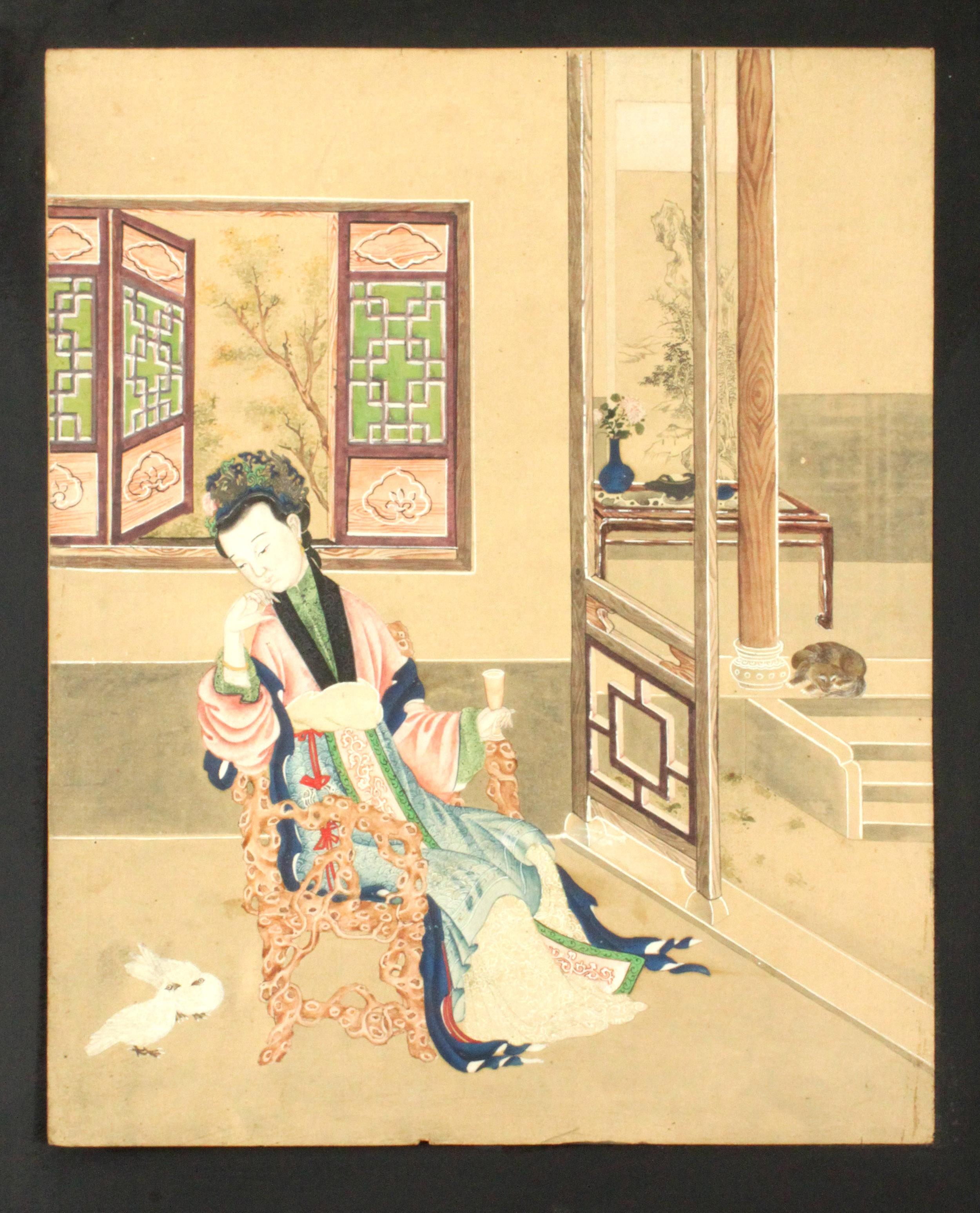 19th Century Set of 12 Substantial Chinese Watercolors Mounted on a Four-Fold Screen For Sale