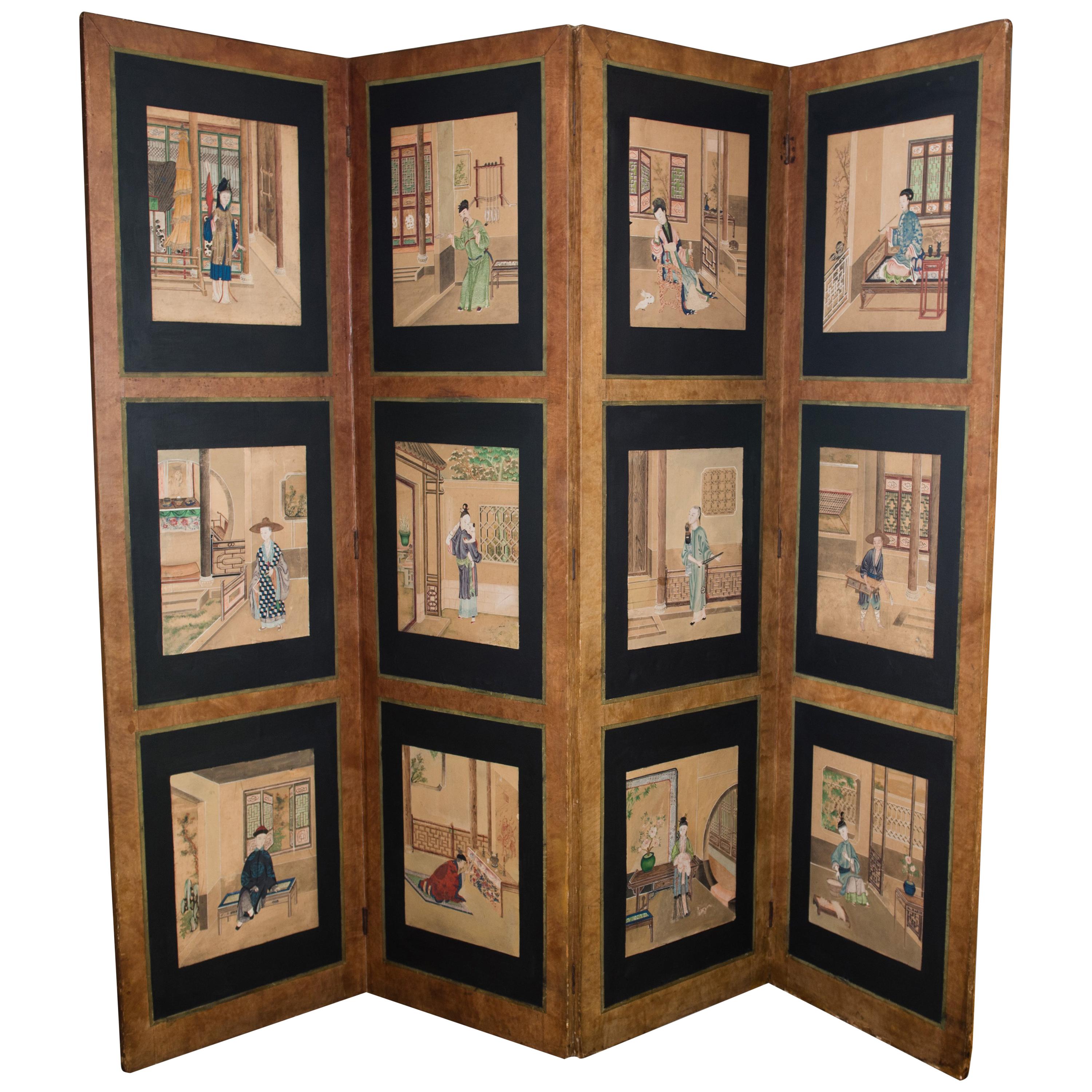 Set of 12 Substantial Chinese Watercolors Mounted on a Four-Fold Screen For Sale