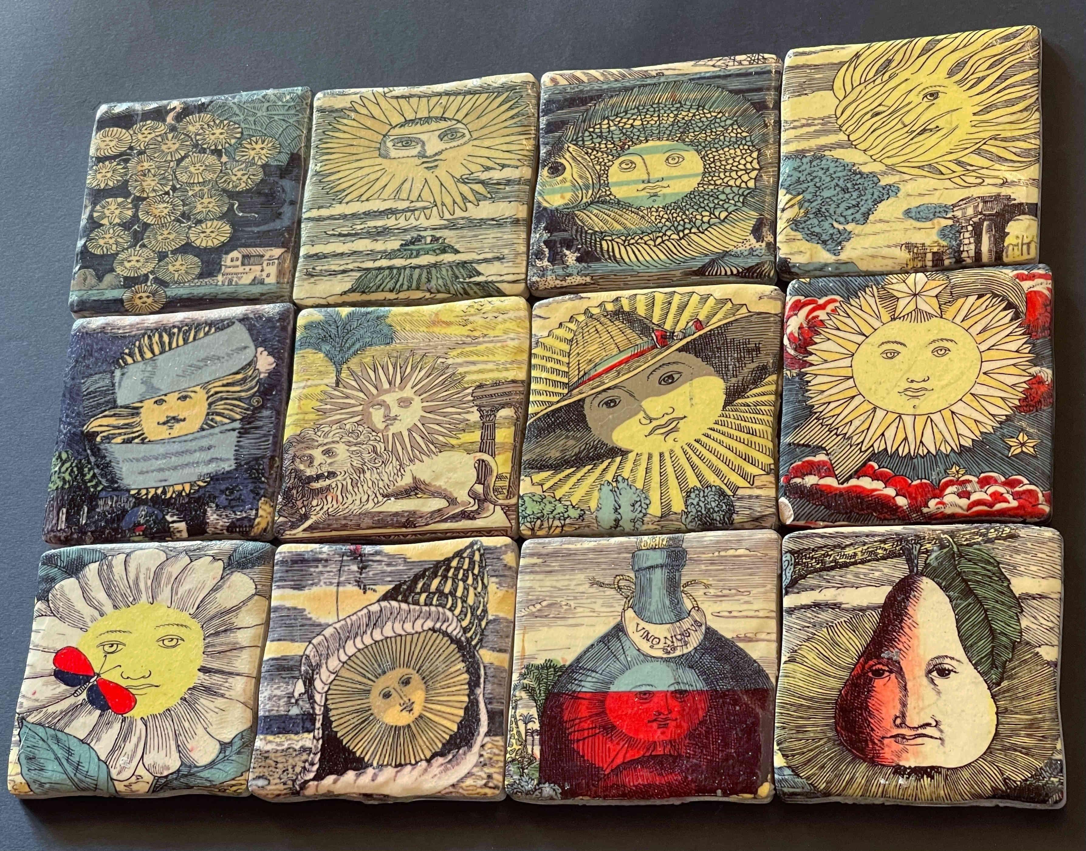 Mid-Century Modern Set of 12 Sun Ceramic Tiles by Fornasetti