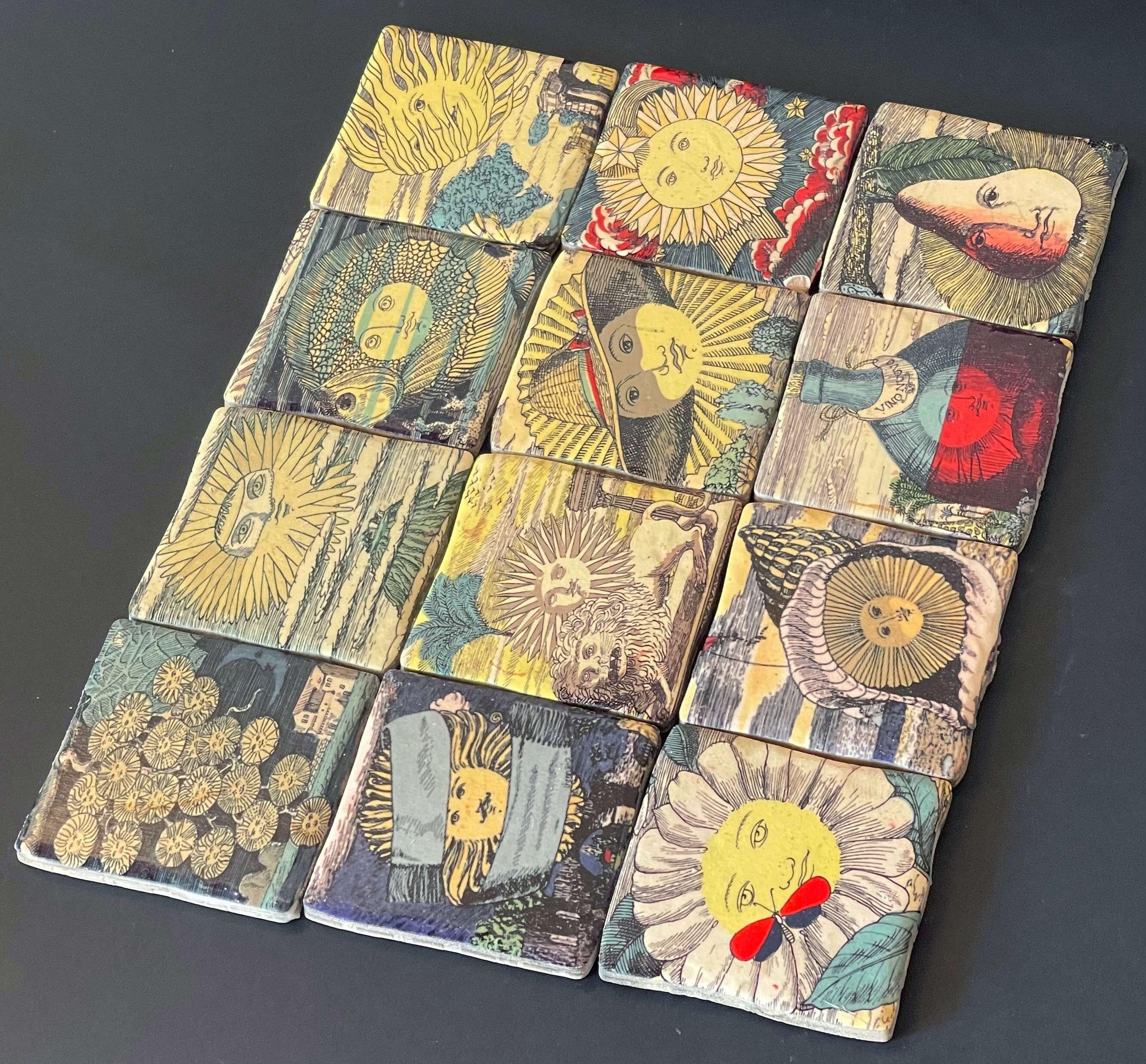 Italian Set of 12 Sun Ceramic Tiles by Fornasetti