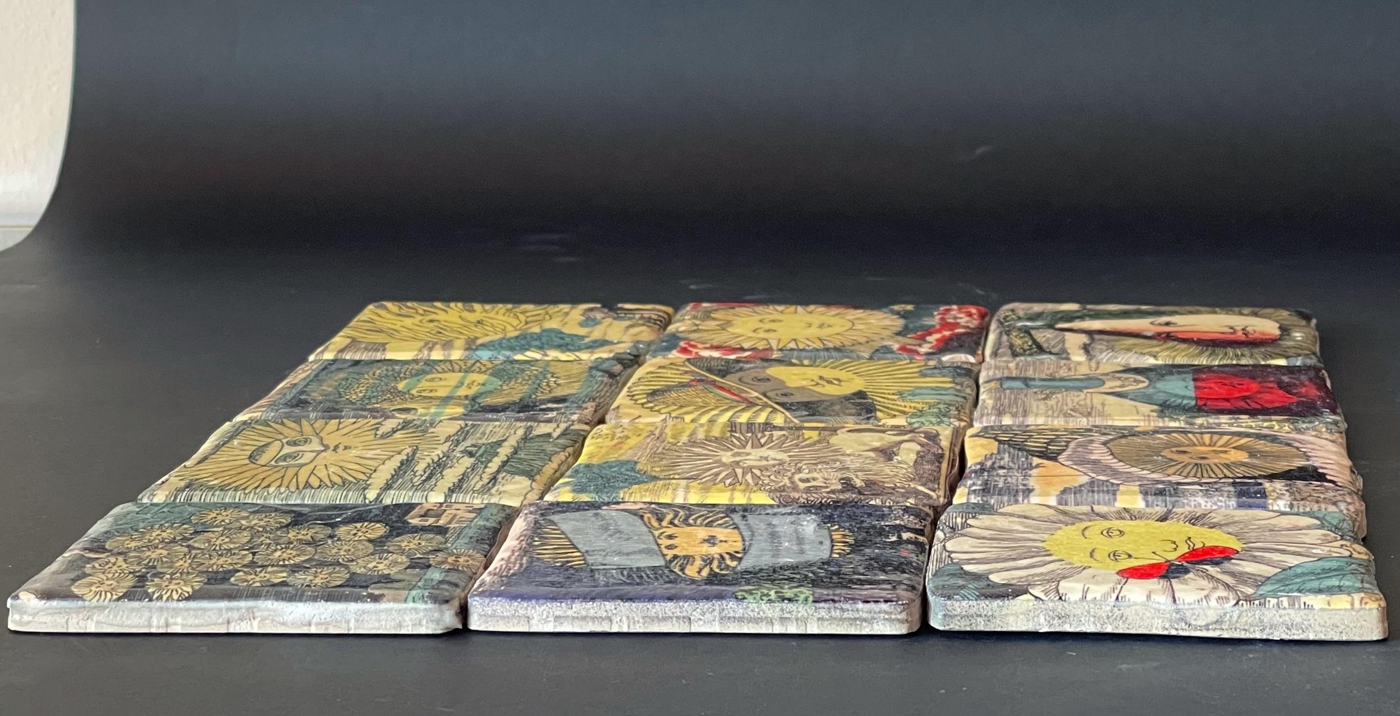 Set of 12 Sun Ceramic Tiles by Fornasetti In Good Condition In Los Angeles, CA