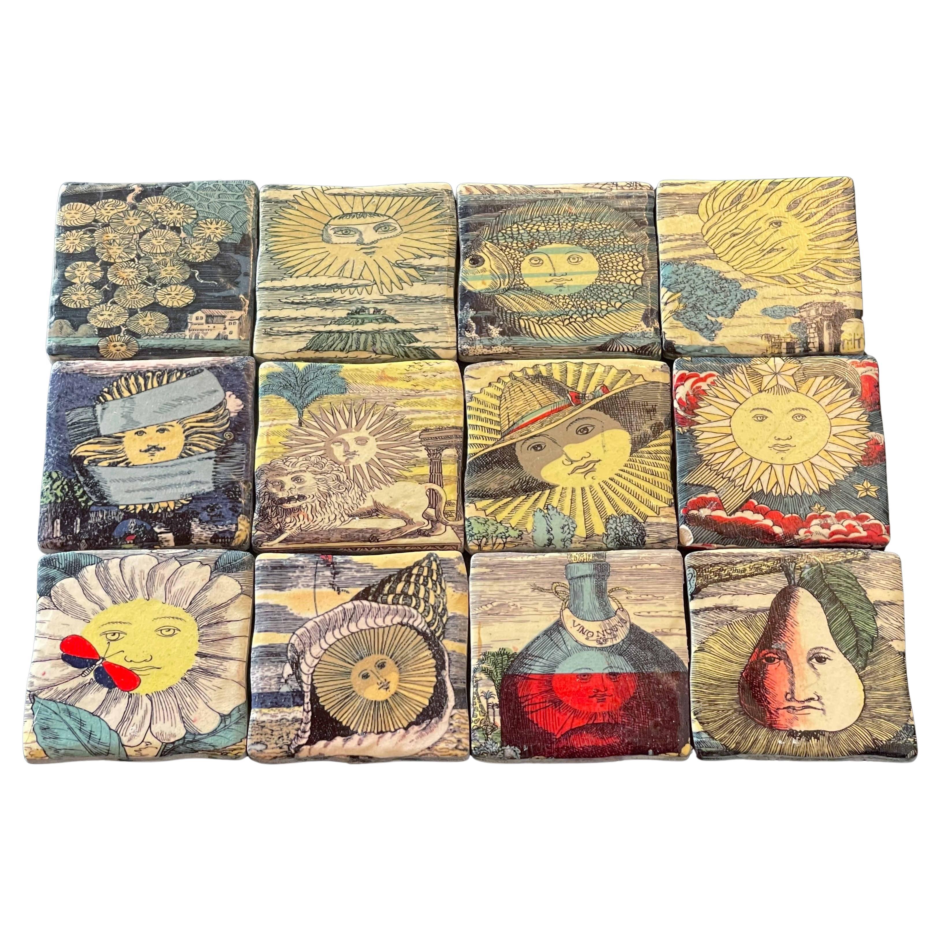 Set of 12 Sun Ceramic Tiles by Fornasetti