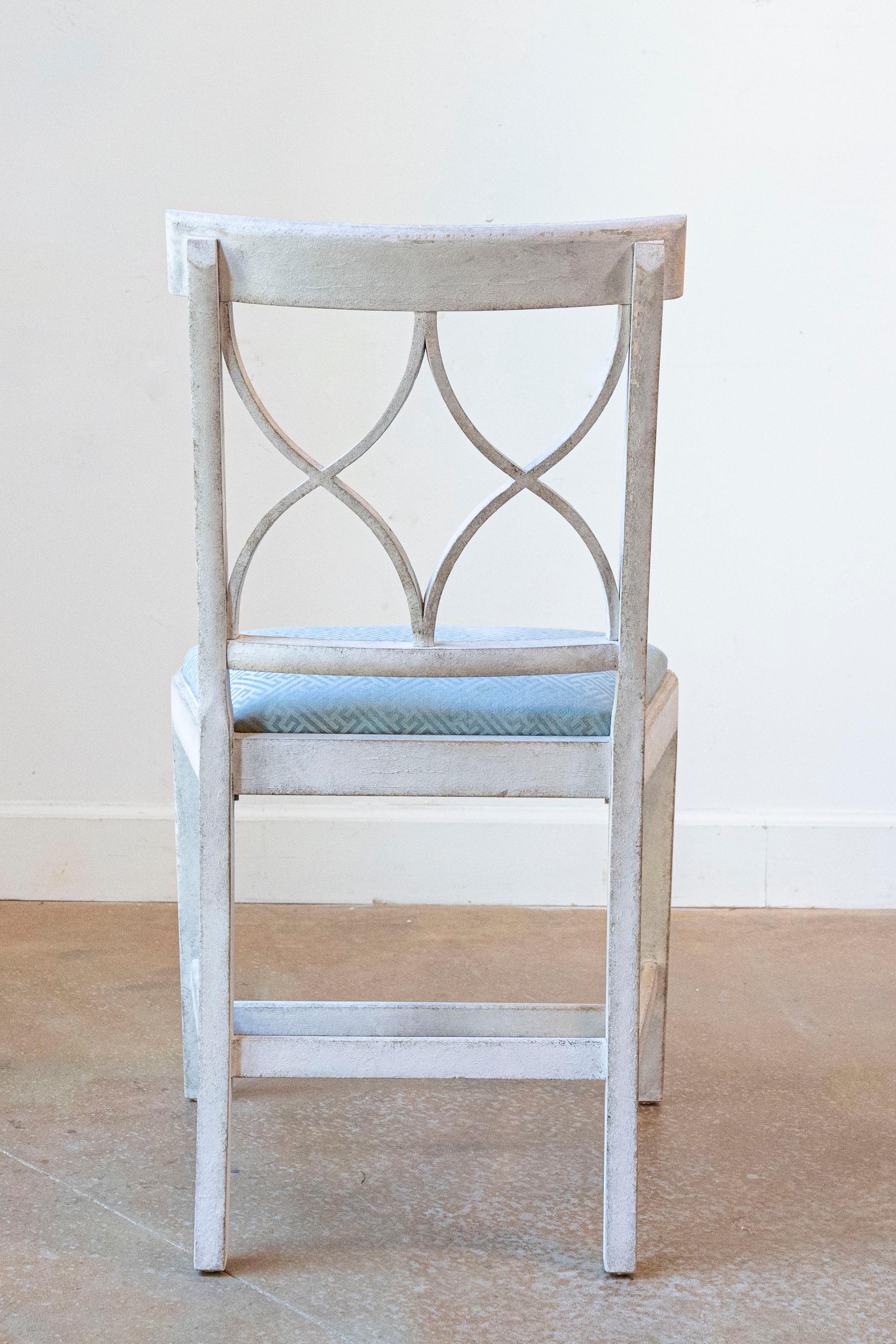 Fabric 8 Swedish 1900s Painted Dining Room Chairs with Sinuous Pierced Motifs For Sale