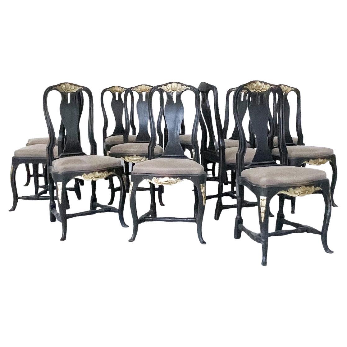Set of 12 Swedish Chairs, XVIIIe Style, Black Wood and Fabric (sold per piece) For Sale
