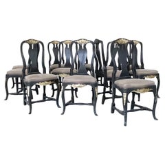 Vintage Set of 12 Swedish Chairs, XVIIIe Style, Black Wood and Fabric (sold per piece)