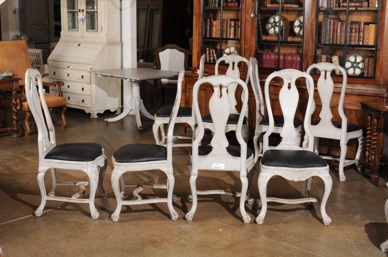 Set of 12 Swedish Rococo Style 19th Century Upholstered Painted Dining Chairs 5